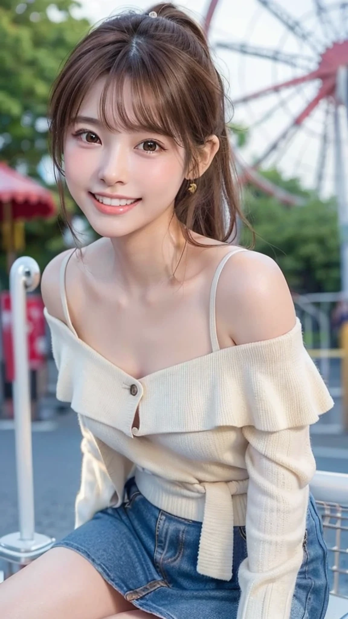  (Highest quality, DSLR shot, 8k, highest quality, high resolution, highest quality, highest resolution, very beautiful woman, perfect anatomy), light brown eyes, very light brown eyes, small diamond-shaped earrings, looking directly at the camera, beautiful brown hair, ((-faceose and cute medium ponytail, showing beautiful thighs)), very short and beautiful bangs with brown hair, E-cup chest, showing beautiful décolletage, very beautiful 20-year-old, lip gloss, smiling very happily, very cute smile, upper teeth, beautiful teeth, (random amusement park ferris wheel (background only)), slightly large eyes, small face, tall supermodel, beautifully shaped model, (random cute pose showing thighs), dynamic angle, eye focus, head tilt, very detailed and realistic, very beautiful 20-year-old, ((medium shot)), sharp jawline, ((random cute off-shoulder top and mini skirt)), deep waistline, sexy legs, front view, smiling joyfully, laughing, summer day