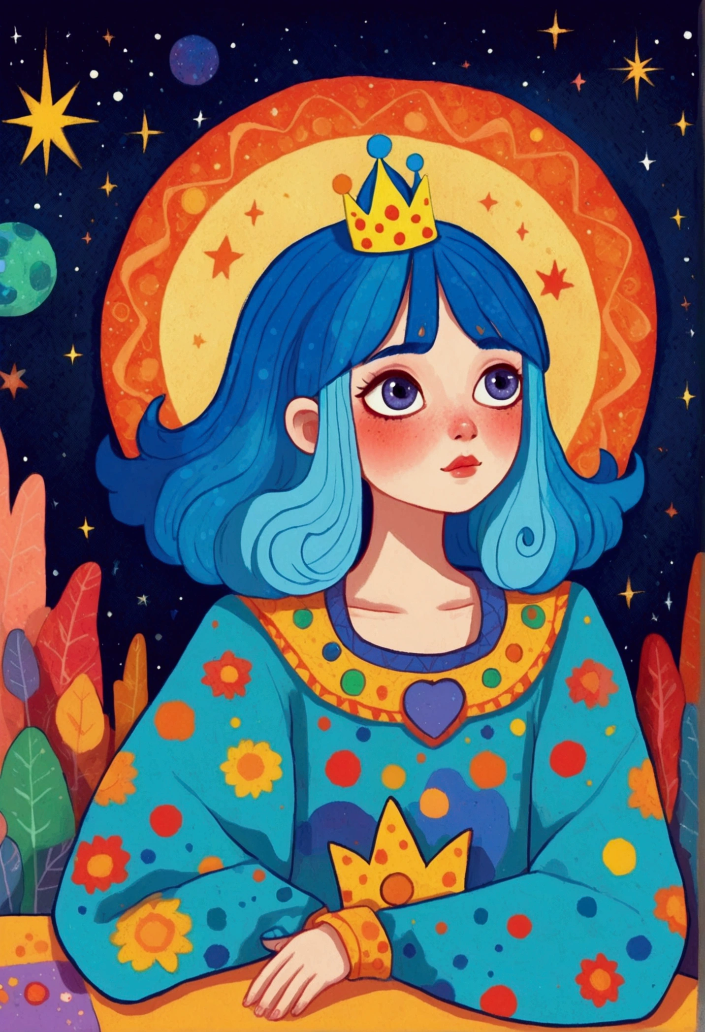 cartoon girl with blue hair and a crown sitting on a bench, procreate illustration, colorful illustration, colorfull illustration, colorful! character design, dreamy illustration, girl with blue hair, 2d illustration, 2 d illustration, illustrated in whimsical style, cosmic girl, decora inspired illustrations, colorful kids book illustration, digital illustration, girl in space, inspired by Yayou Kusama