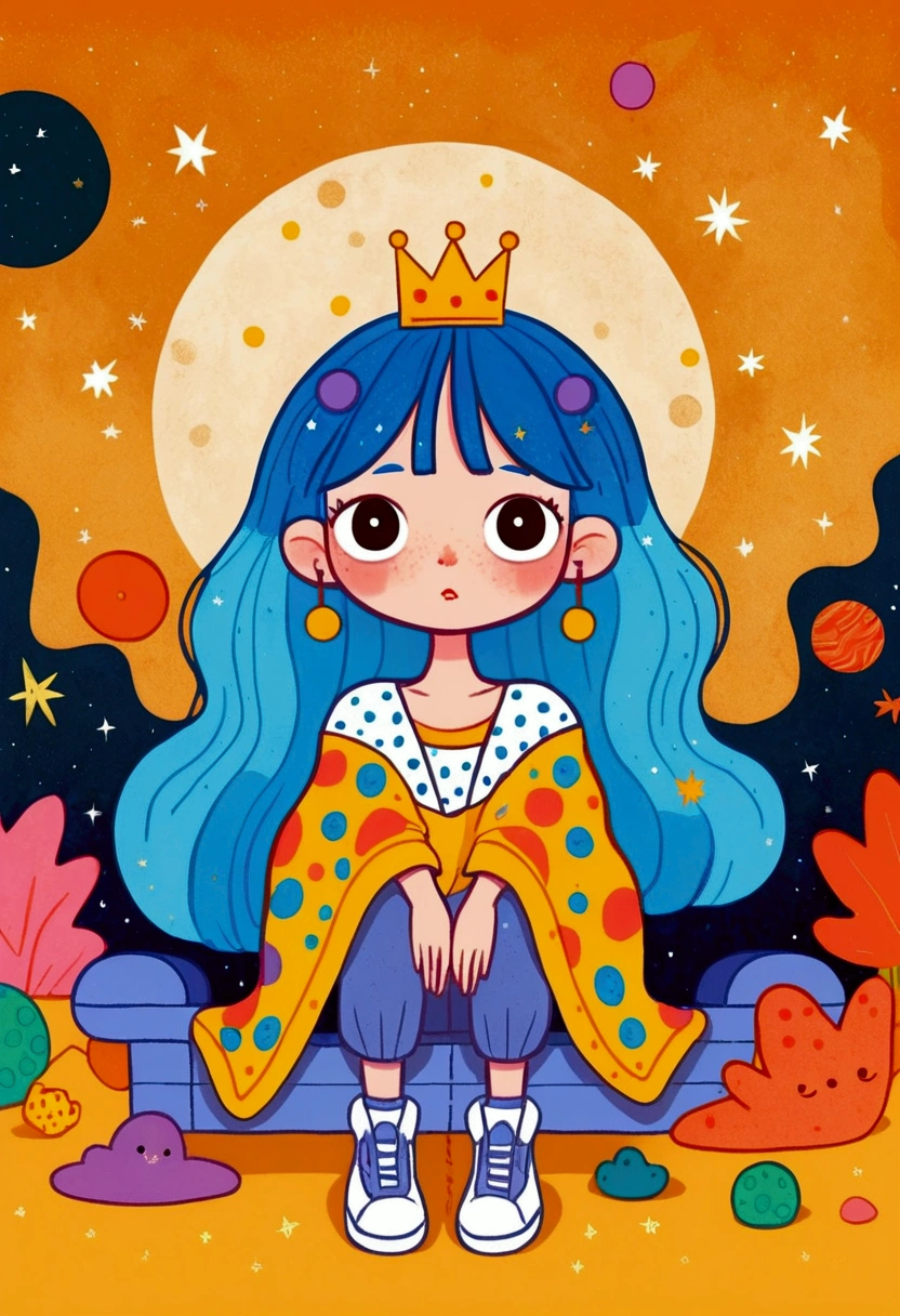 cartoon girl with blue hair and a crown sitting on a bench, procreate illustration, colorful illustration, colorfull illustration, colorful! character design, dreamy illustration, girl with blue hair, 2d illustration, 2 d illustration, illustrated in whimsical style, cosmic girl, decora inspired illustrations, colorful kids book illustration, digital illustration, girl in space, inspired by Yayou Kusama