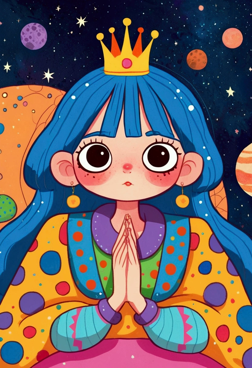 cartoon girl with blue hair and a crown sitting on a bench, procreate illustration, colorful illustration, colorfull illustration, colorful! character design, dreamy illustration, girl with blue hair, 2d illustration, 2 d illustration, illustrated in whimsical style, cosmic girl, decora inspired illustrations, colorful kids book illustration, digital illustration, girl in space, inspired by Yayou Kusama