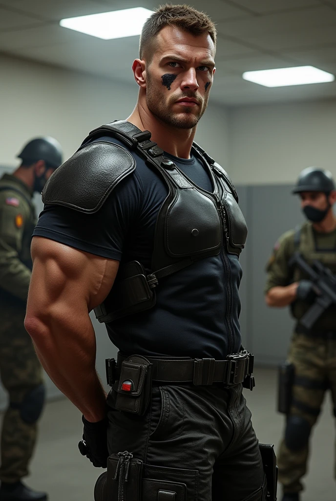 40-year-old boy ,Korean bulky male officer ,Wear white tight police uniform shirt................ navy blue pinstripe smooth tight long pants trouser, legs wide open, legs on shoulder, missionary POV, men drooling, Dark atmosphere，8K,Cinematic lighting effects，Textured skin，best qualtiy，Storytelling images，Storytelling images，dynamic blur，actionpose