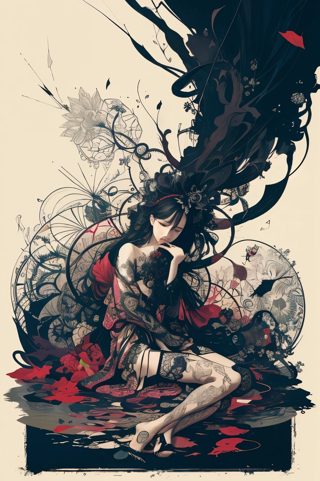 official art, unity 8k wallpaper, ultra detailed, beautiful and aesthetic, masterpiece, best quality, chinese style, (zentangle, mandala, tangle, entangle), ecstasy of flower, 1girl, extremely detailed, dynamic angle, cowboyshot, the most beautiful form of chaos, elegant, a brutalist designed, vivid colours, romanticism, by james jean, roby dwi antono, ross tran, francis bacon, michal mraz, adrian ghenie, petra cortright, gerhard richter, takato yamamoto, ashley wood, atmospheric