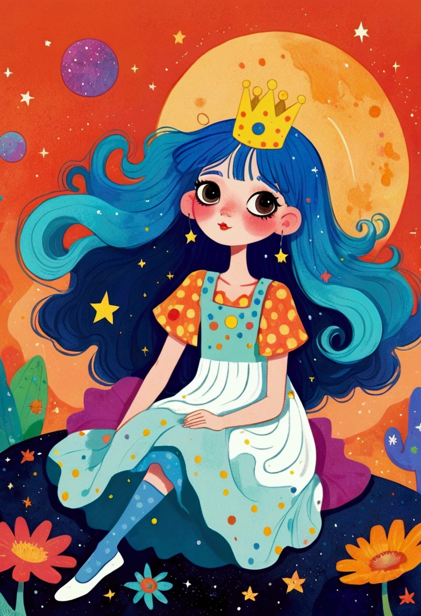 cartoon girl with blue hair and a crown sitting on a bench, procreate illustration, colorful illustration, colorfull illustration, colorful! character design, dreamy illustration, girl with blue hair, 2d illustration, 2 d illustration, illustrated in whimsical style, cosmic girl, decora inspired illustrations, colorful kids book illustration, digital illustration, girl in space, inspired by Yayou Kusama