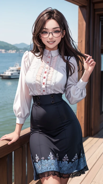 masterpiece, high quality, perfect face, beautiful face, 1girl, wide grin, open mouth, ((braces:1.2)), shy, brown hair, black eyes, glasses, (young girl, teenager), (cute baby pink blouse with flowery pattern with frills), (baby blue skirt with lace), gorgeous, gorgeous female, beautiful, hot, attractive, small breasts, perfect round breasts, skinny, perfect female body, ((narrow waist)), looking at viewer, standing, put hands behind, harbour seaside view, morning, cinematic lighting, presenting, zoom in, intricate detail, delicate pattern,