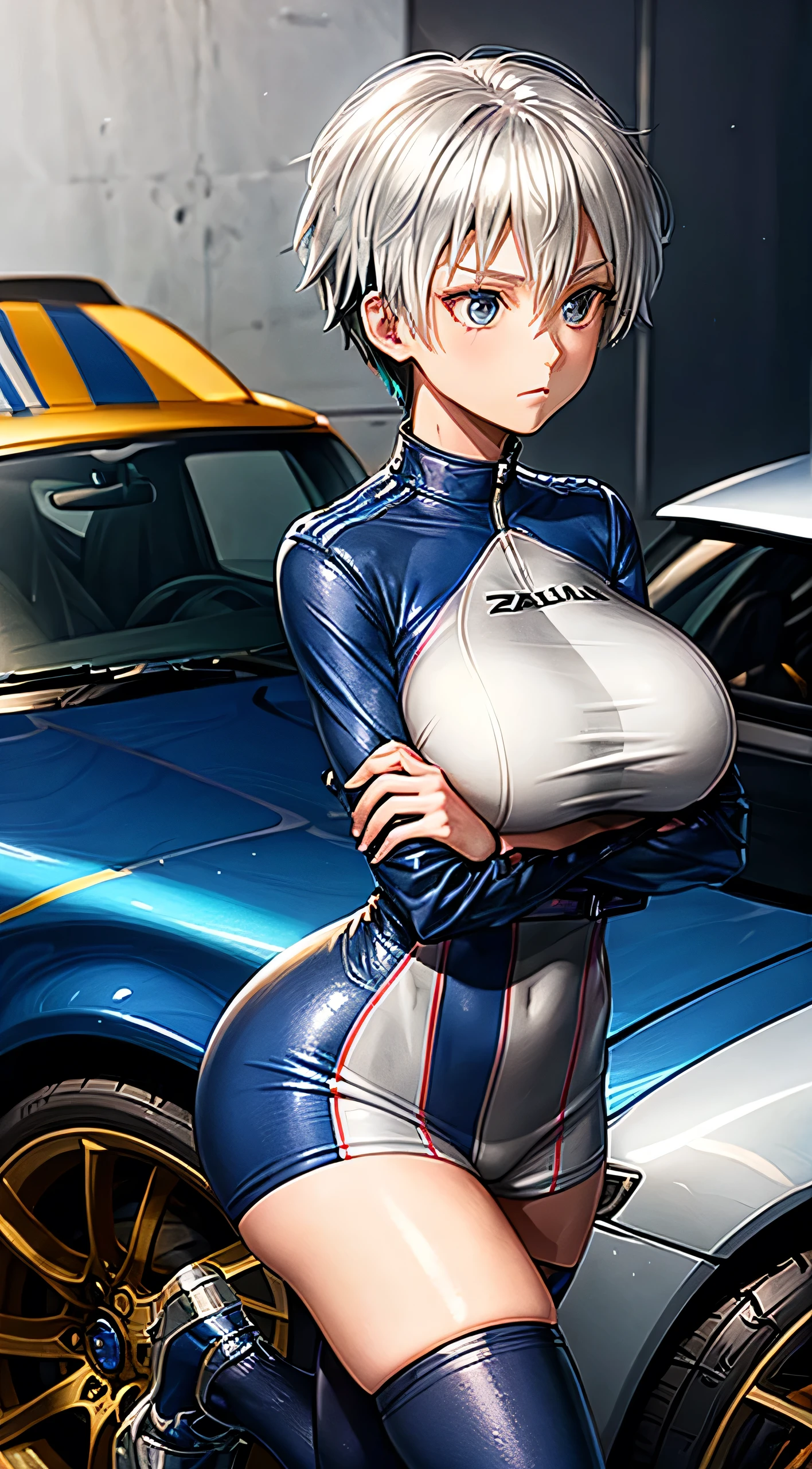 Female racer in blue and black racing suit stands in front of red racing car　White Hair　Short Hair 　Gigantic Breasts 　Uzaki Hana　Monza Circuit　Standing with arms crossed　Portraiture　Portrait