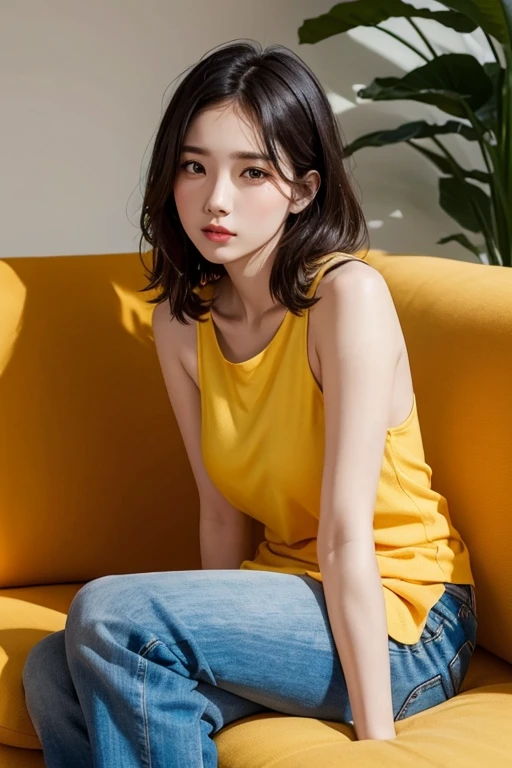 masterpiece, top-quality, 1 beautiful girl, (Detailed beautiful eyes), ((Detailed skin)) , ((Detailed medium hair )), A beautiful girl in yellow tank top and short jeans, hight waist short jean, CG rendering, Blurred background, deep shadow, 16K, bokered, Very detailed, wallpaper, depth of field, movie light, Ray tracing.