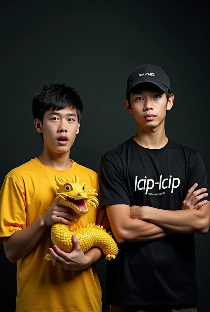 A 2 boy. Black hair. He wear binance black t-shirt. He indicate left side by two hands. His smile on face. His look premium & ai generate image