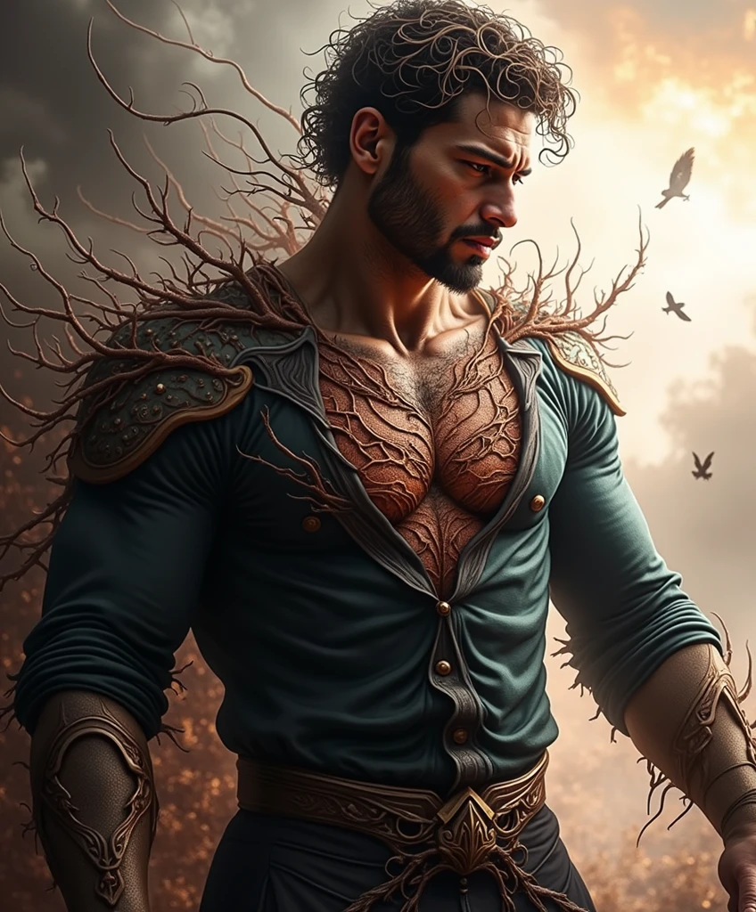 tall man, muscular, medieval tattoos, ultra detailed face, medium hair, brown hair, golden skin, masterpiece, best quality, extremely detailed, Hyper realistic, Photorealistic, 8k, 4k.