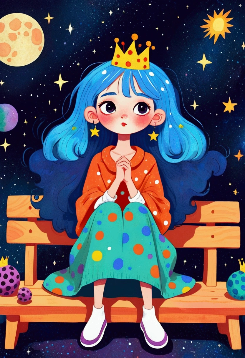 cartoon girl with blue hair and a crown sitting on a bench, procreate illustration, colorful illustration, colorfull illustration, colorful! character design, dreamy illustration, girl with blue hair, 2d illustration, 2 d illustration, illustrated in whimsical style, cosmic girl, decora inspired illustrations, colorful kids book illustration, digital illustration, girl in space, inspired by Yayou Kusama