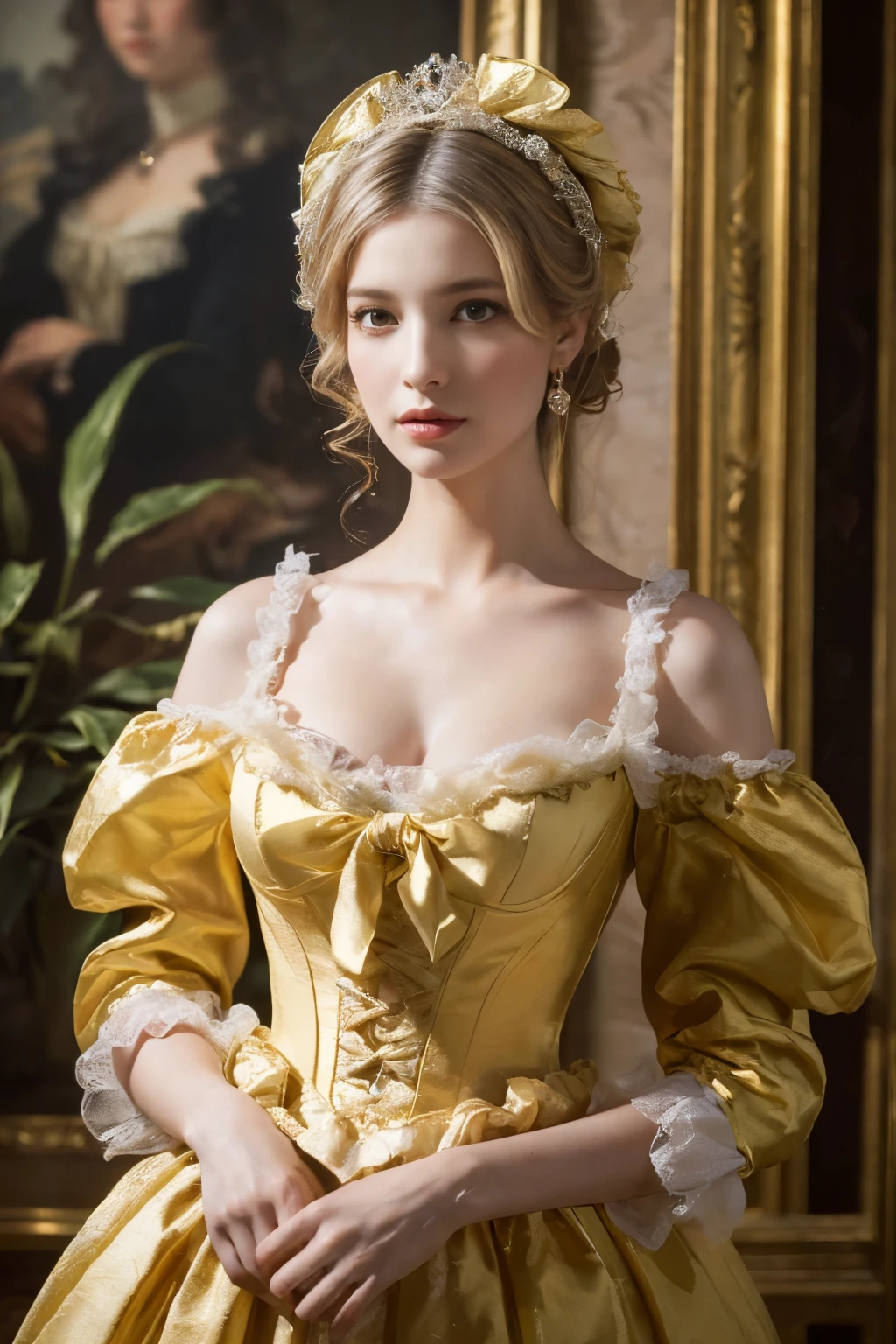 a close up of a woman in a dress with a big diamond collar,big diamond earrings a flemish Baroque inspired by Louis Le Nain, tumblr, rococo, costume with big lemon yellow accents, in a high renaissance style, dressed in a medieval lacy, lemon yellow corset, in a renaissance style, corset, beautiful costume, georgian dress amazing fabric, 1 7 th century duchess, with victorian clothing