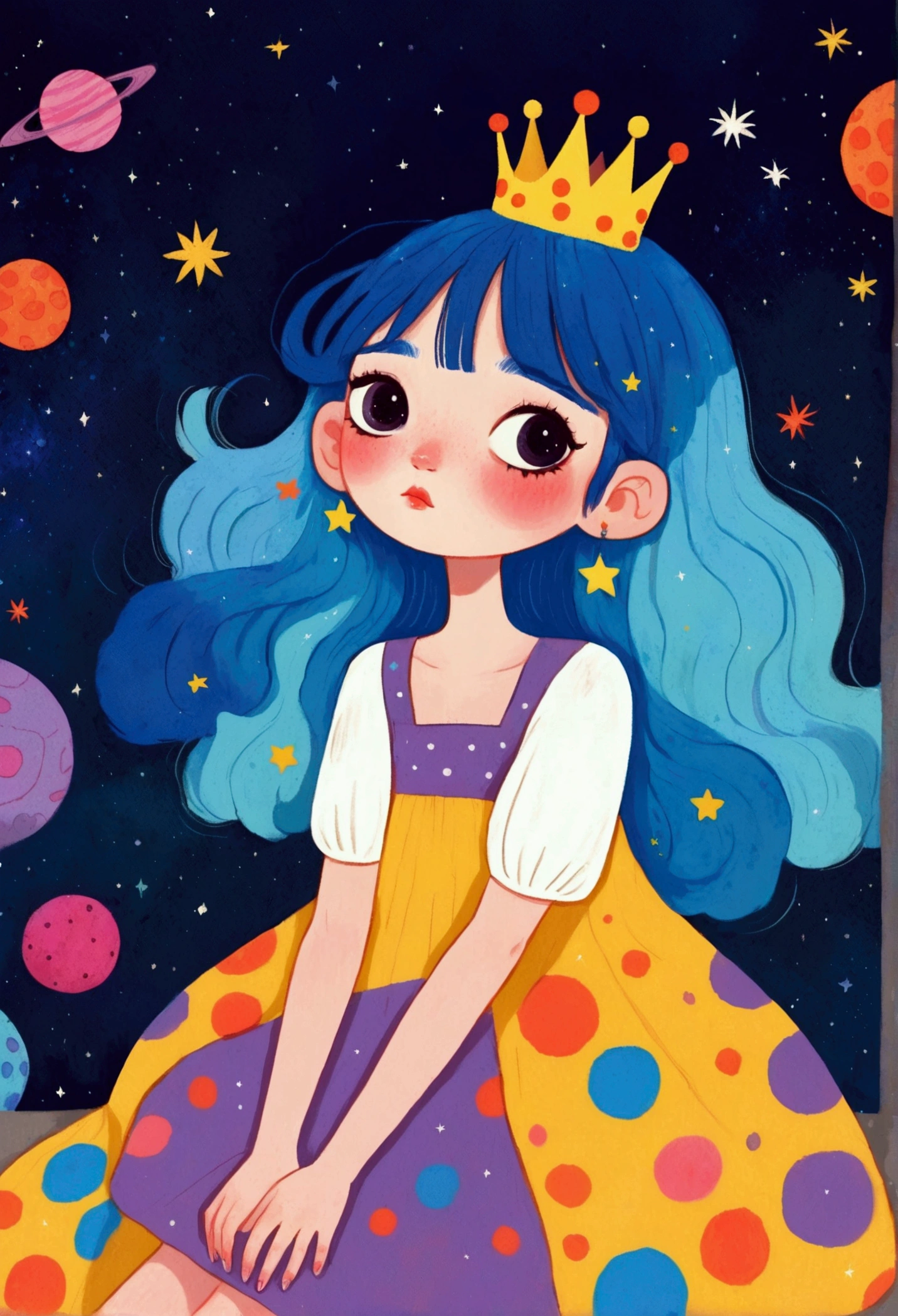 cartoon girl with blue hair and a crown sitting on a bench, procreate illustration, colorful illustration, colorfull illustration, colorful! character design, dreamy illustration, girl with blue hair, 2d illustration, 2 d illustration, illustrated in whimsical style, cosmic girl, decora inspired illustrations, colorful kids book illustration, digital illustration, girl in space, inspired by Yayou Kusama