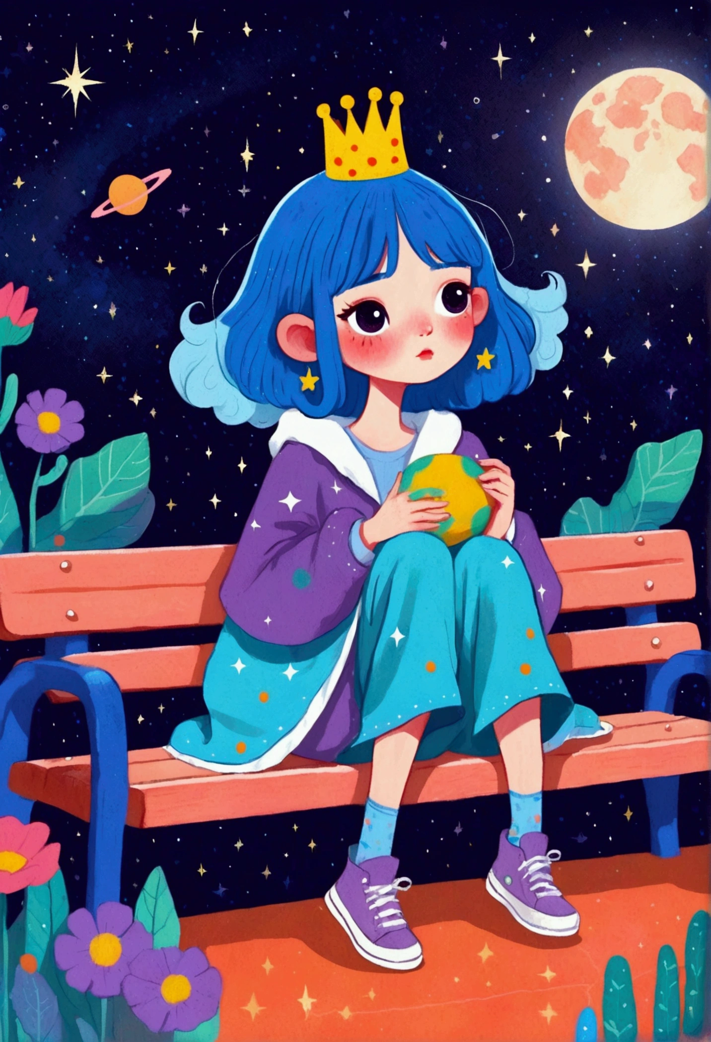 cartoon girl with blue hair and a crown sitting on a bench, procreate illustration, colorful illustration, colorfull illustration, colorful! character design, dreamy illustration, girl with blue hair, 2d illustration, 2 d illustration, illustrated in whimsical style, cosmic girl, decora inspired illustrations, colorful kids book illustration, digital illustration, girl in space, inspired by Yayou Kusama