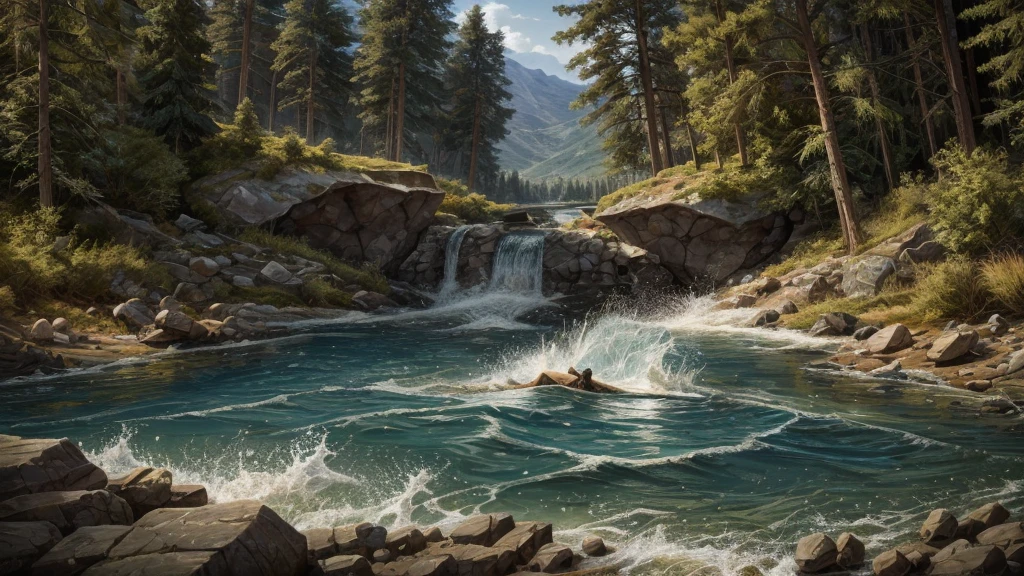 huge river snake, with scales, Big head, round open mouth full of small sharp teeth, swimming in a huge river, swimming down the river, strong current, The river is surrounded by large rocks and pine forest in the middle of the mountain, realist.