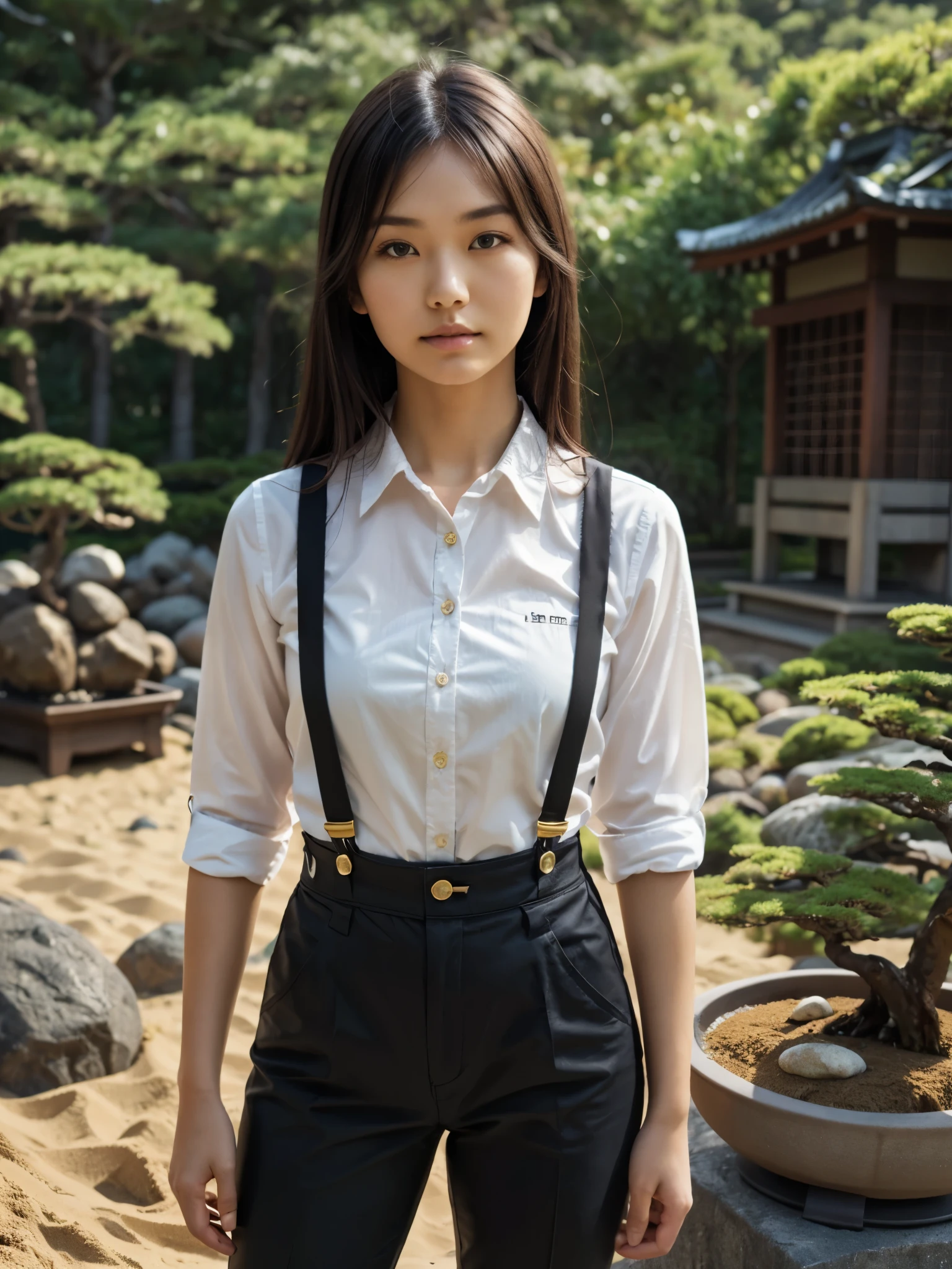 girl, standing, medium wide shot, (suspender:1.2), holster, black pants, see-through white button-down shirt, detailed face, looking at viewer, outdoors, japanese zen garden, samon, karesansui, raked sand pattern, gravel, rocks, moss, bonsai, golden hour, close-up shot,