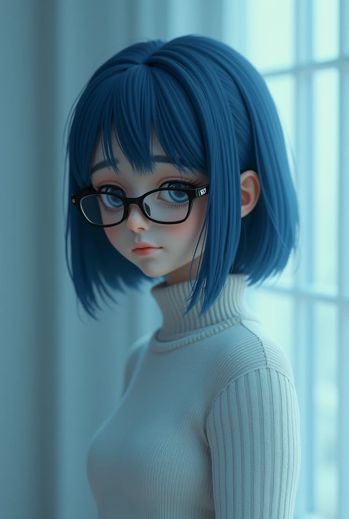 3D horror game beautiful young pale girl with shoulder length blue hair with bangs to the right with round glasses and brown strappy dress