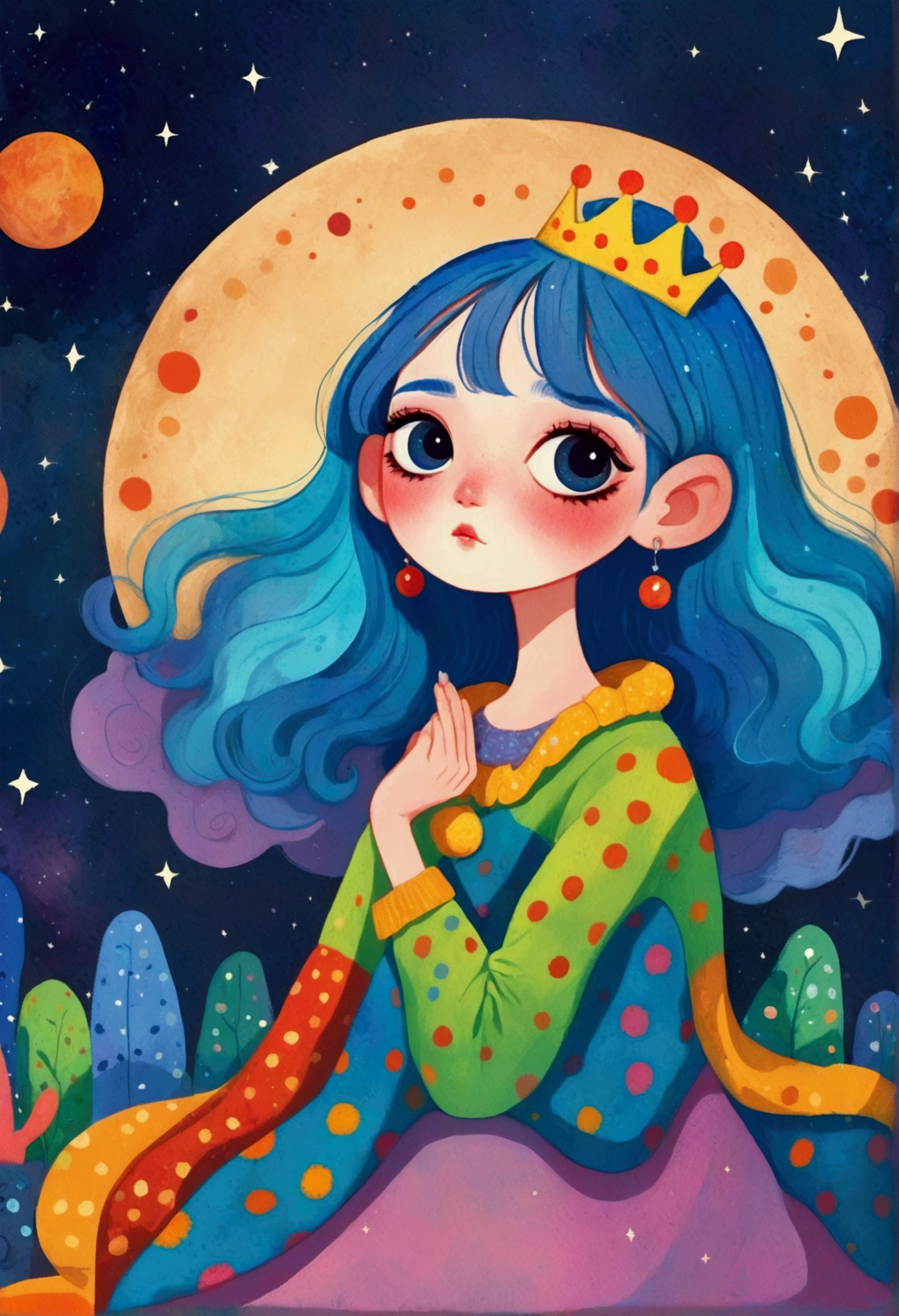 cartoon girl with blue hair and a crown sitting on a bench, procreate illustration, colorful illustration, colorfull illustration, colorful! character design, dreamy illustration, girl with blue hair, 2d illustration, 2 d illustration, illustrated in whimsical style, cosmic girl, decora inspired illustrations, colorful kids book illustration, digital illustration, girl in space, inspired by Yayou Kusama