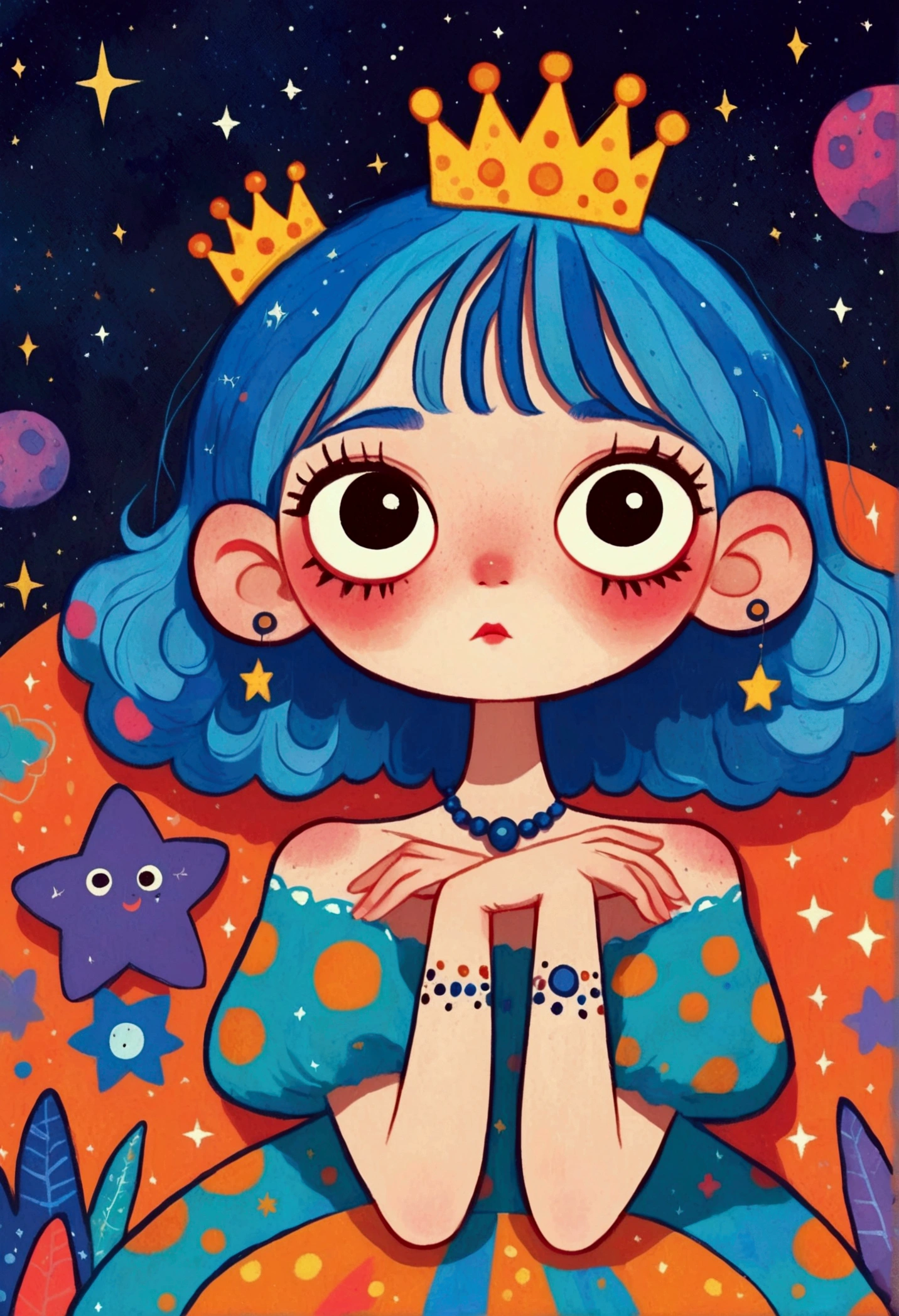 cartoon girl with blue hair and a crown sitting on a bench, procreate illustration, colorful illustration, colorfull illustration, colorful! character design, dreamy illustration, girl with blue hair, 2d illustration, 2 d illustration, illustrated in whimsical style, cosmic girl, decora inspired illustrations, colorful kids book illustration, digital illustration, girl in space, inspired by Yayou Kusama