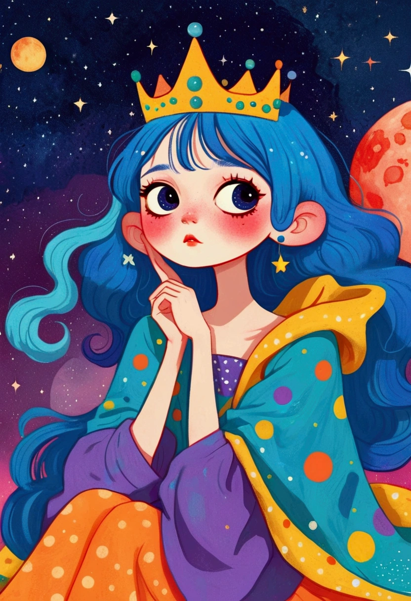 cartoon girl with blue hair and a crown sitting on a bench, procreate illustration, colorful illustration, colorfull illustration, colorful! character design, dreamy illustration, girl with blue hair, 2d illustration, 2 d illustration, illustrated in whimsical style, cosmic girl, decora inspired illustrations, colorful kids book illustration, digital illustration, girl in space, inspired by Yayou Kusama