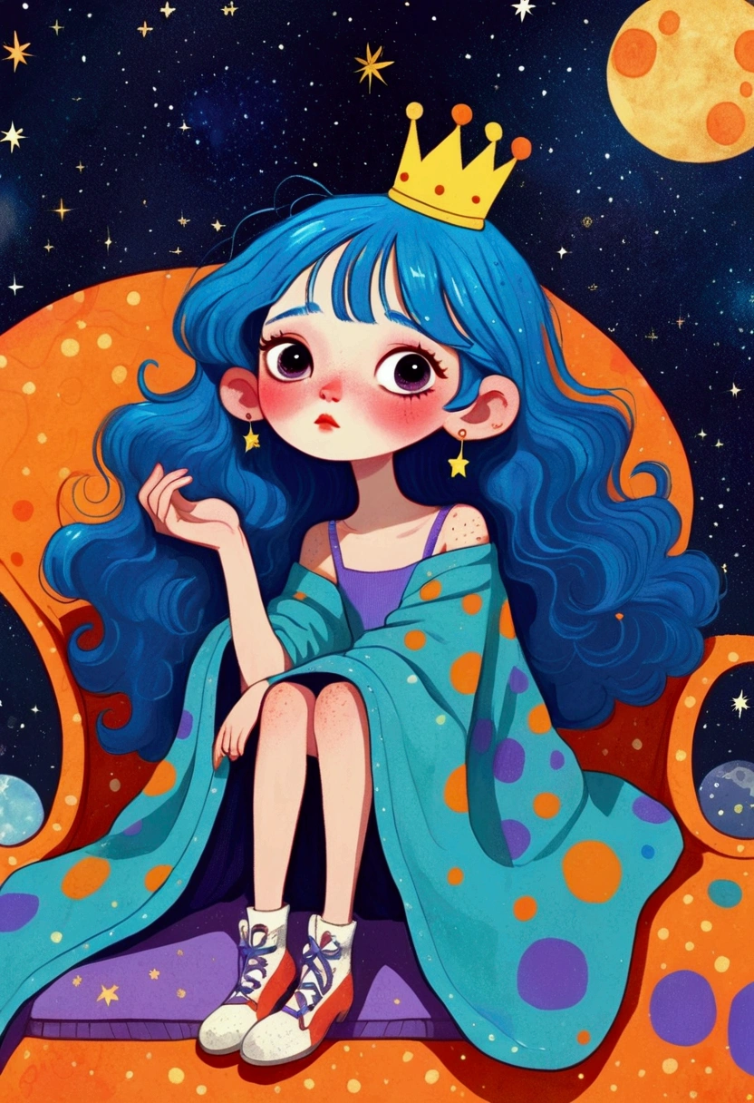 cartoon girl with blue hair and a crown sitting on a bench, procreate illustration, colorful illustration, colorfull illustration, colorful! character design, dreamy illustration, girl with blue hair, 2d illustration, 2 d illustration, illustrated in whimsical style, cosmic girl, decora inspired illustrations, colorful kids book illustration, digital illustration, girl in space, inspired by Yayou Kusama