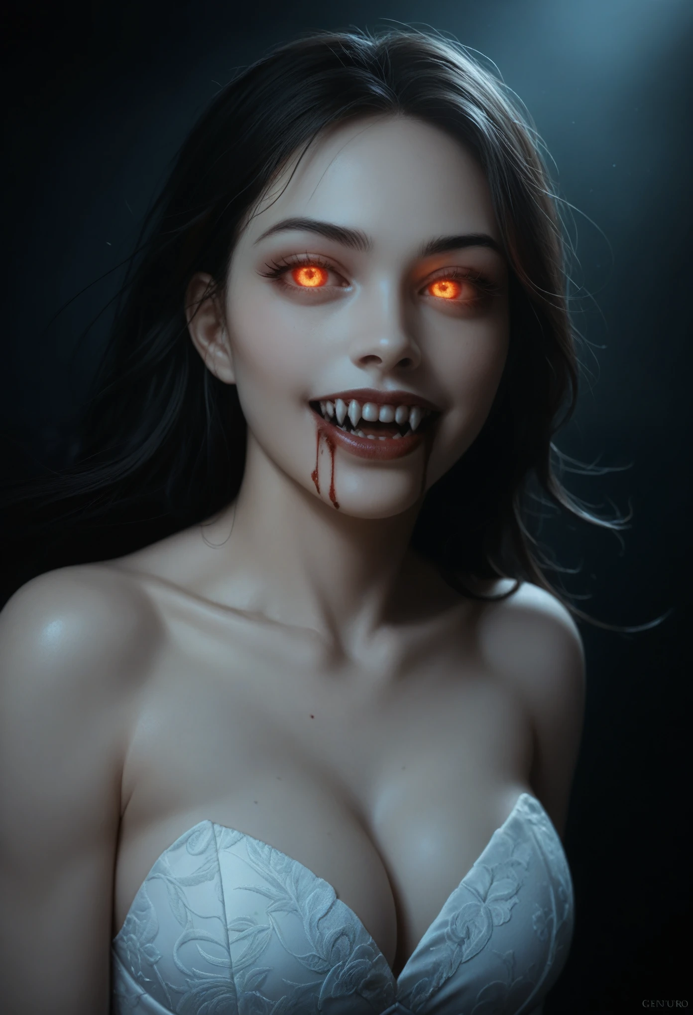 a beautiful female vampire, erotic, grin, (sharp fangs:1.4), pale skin, intense gaze, bloody mouth, (glowing eyes), flowing black hair, dramatic lighting, hyper-realistic, 8k, cinematic, moody, dark fantasy, chiaroscuro, dramatic shadows, subtle color palette, white dress, (veins protruding from the skin on her face:1.5)