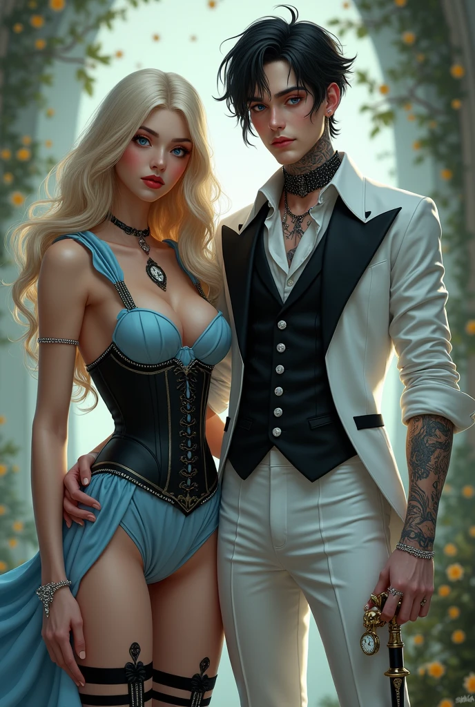 create a realistic adult female character with straight hair,blond, with a silver crown on his head,greeneyes,wearing a gold tank top showing her belly, and next to him is a realistic adult male character, small white hair, eye white,wearing a round hat covering his forehead, a mask that is covering up to your nose, is wearing a black turtleneck, with a long blue jacket. Blue background color with purple.