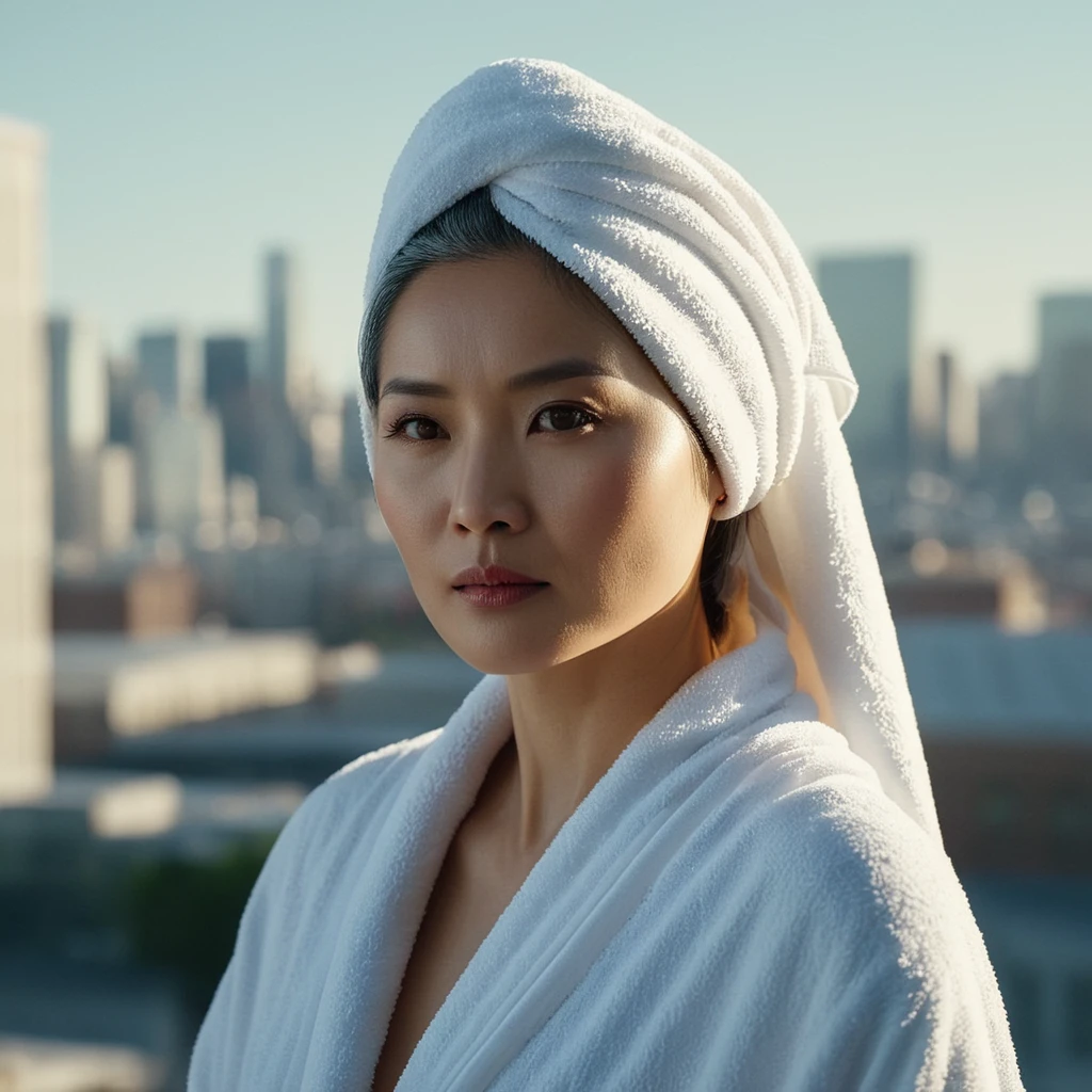 cinematic film still of bright light, bright, a Asian woman with a white towel on her head High-key lighting Style, 1girl, solo,long hair,gray hair, elder, 50 years old, looking at v iewer, city background, wearing a pajamas,city background,bare shoulder s,white hair,lips,makeup,pale skin,realistic,white them e, shallow depth of field, vignette, highly detailed, high budget, bokeh, cinemascope, moody, epic, gorgeous, f ilm grain, grainy