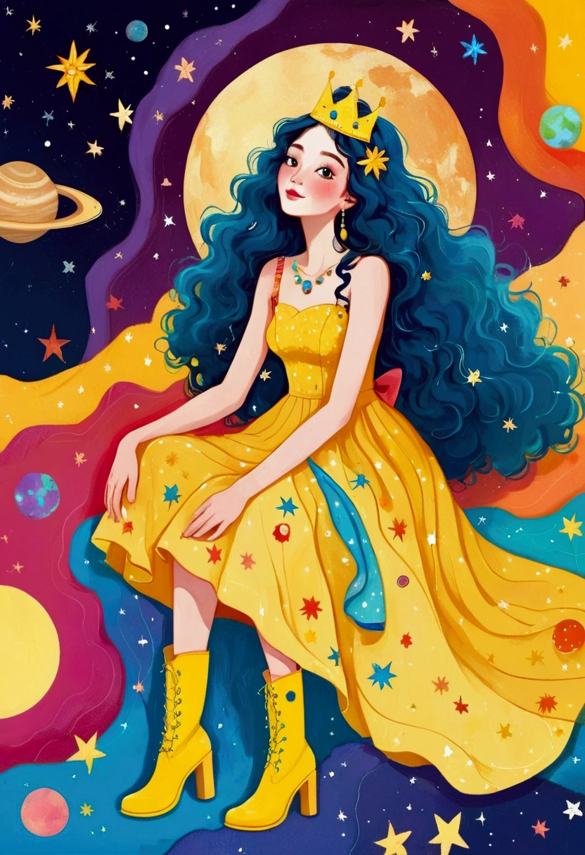 whimsical, natural facial expression, long curly blue hair, yellow dress with colorful patterns, blue boots, yellow crown accessory, sitting pose, looking to the side, smooth animated skin, playful background with planets and stars, vibrant and colorful lighting, an atmosphere of fun and imagination, front view, digital illustration effect, bright and well-coordinated colors, lively and creative atmosphere.