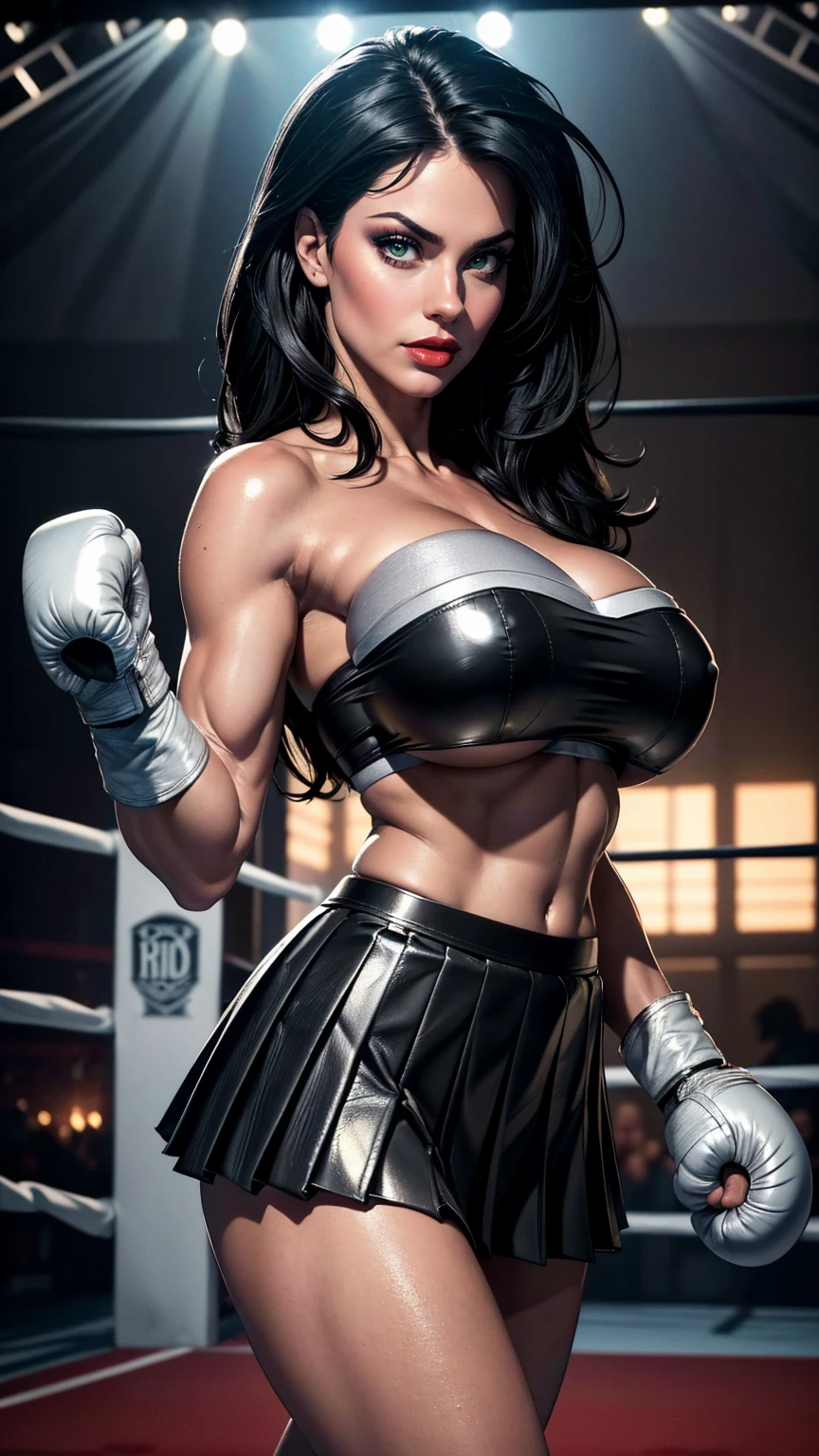 ((2girls)), a raven haired Denise Milani boxing a blonde Erika Eleniak, 2 girls boxing, (best quality,highres:1.2),(ultra-detailed),(realistic:1.37),(HDR,UHD),(physically-based rendering), (Curvy topless Israeli Denise Milani losing a boxing fight against a busty blonde woman), ((topless, exposed chest)), ((wearing an olive green leather boxing skirt)),((long jet-black hair, pretty green eyes)),((perfectly round breasts)),(boxing a busty blonde in an abandoned factory),(deadly fighting action), (NSFW), (portraits),(vivid colors),(intense lighting),(metallic textures), big_boltedontits, boltedontits,