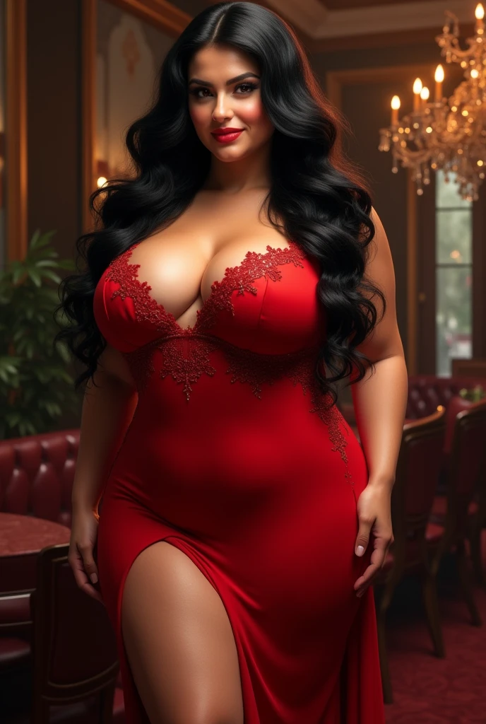 A lady with silver hair in red gown has big bosom with cleavage , make her little chubby, age should be 20