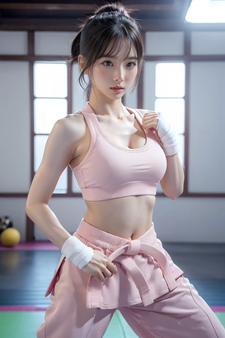 (I see a sports bra)、(((sexy pink karate uniform)))、a female karateka with bangs and twintails.、belly button and lower chest are visible、shiny skin、((Shy face))、((Turn your face away))、((Check out the side))、((Blushed))、(teary eyes)、cry、(((Karate dojo)))、((beautiful picture))，(masterpiece details RAW photos:1.25), (best quality:1.6), (Ultra-high resolution:1.5), (actual:1.75), 8K resolution, Canon EOS R5, 50 mm, absurd, Super detailed,movie lighting、((sports bra is clearly visible))、(((pants are taken off)))、