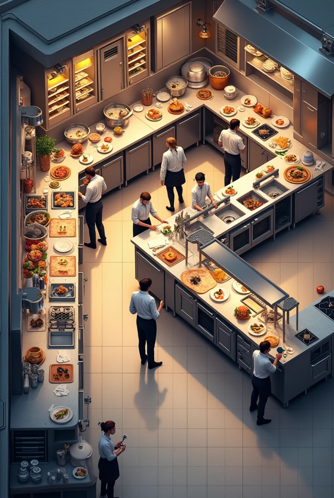 The kitchen is dirty and messy, with utensils and ingredients out of place and messy work areas. This results in low efficiency., risks of contamination and difficulty in preparing dishes, desperate employees and stressed boss, lost employees