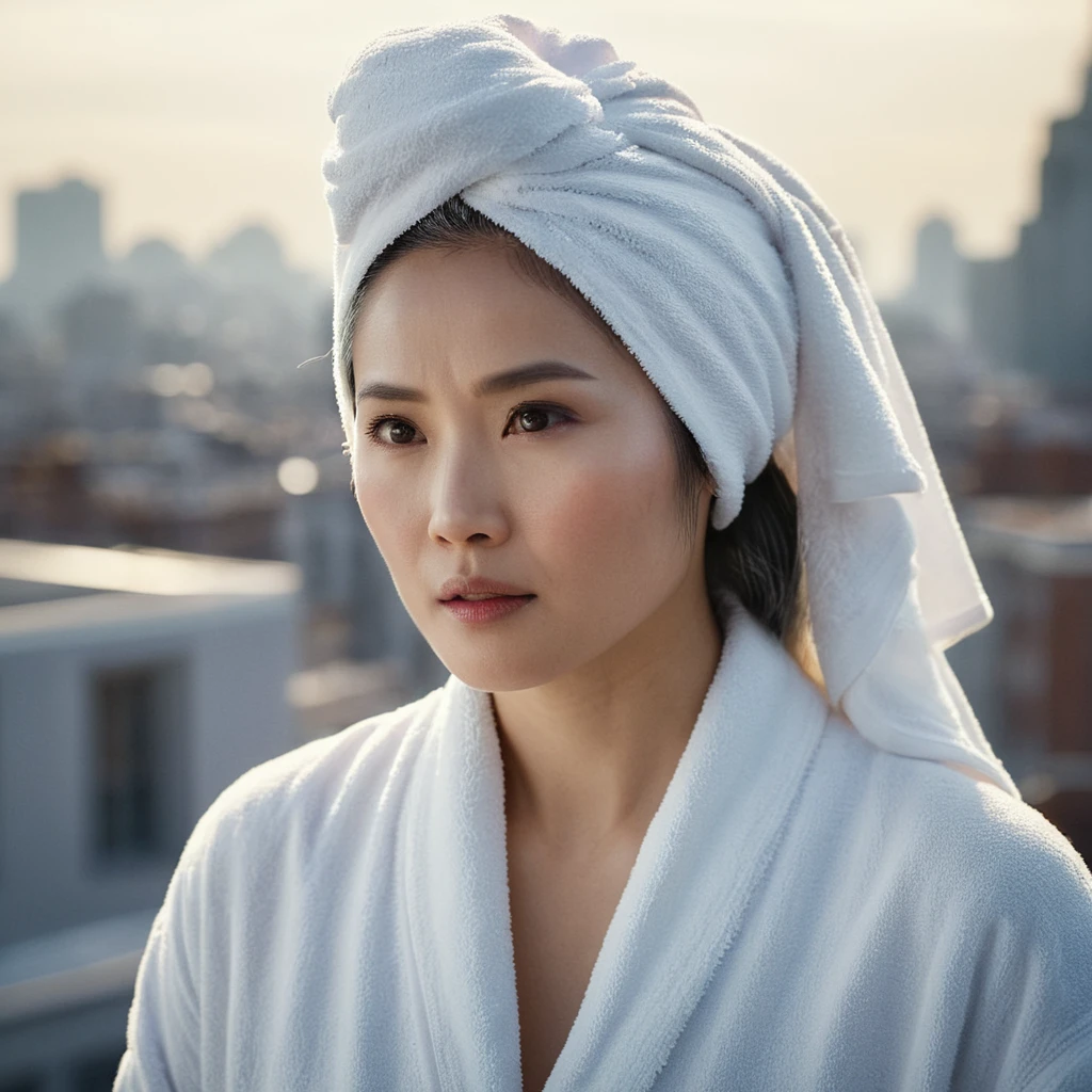 cinematic film still of bright light, bright, a Asian woman with a white towel on her head High-key lighting Style, 1girl, solo,long hair,gray hair, elder, 50 years old, looking at v iewer, city background, wearing a pajamas,city background,bare shoulder s,white hair,lips,makeup,pale skin,realistic,white them e, shallow depth of field, vignette, highly detailed, high budget, bokeh, cinemascope, moody, epic, gorgeous, f ilm grain, grainy