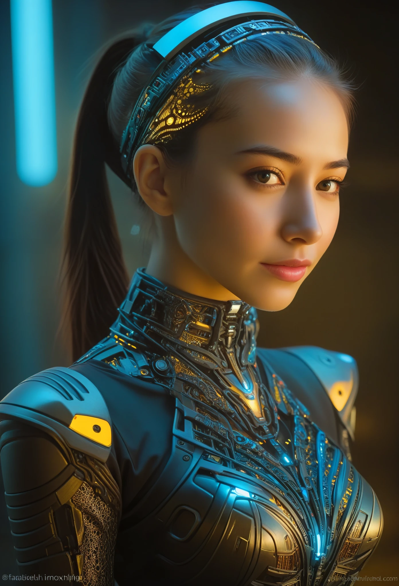Highest quality, masterpiece, figure, (Realistic, photo-Realistic:1.37), wonderful, In detail, Incredibly absurd, Large file size, Very detailed, High resolution, Very detailed CG Unity 8k wallpaper, Very detailed目と顔, Ray Tracing, Browsing Caution, NUDE, One girl, Korean cyborg girl is innocent and young々Has a sly expression. She poses boldly with her arms raised above her head, Revealing her voluptuous figure. She is wearing a small black mecha armor top that barely covers her breasts., Exposing most of her flawless skin. Her shoulders and head have more armor detailing.、There are shining highlights, Tech Panels and Mechanisms. She is standing against a futuristic cityscape lit up with vibrant neon lights.、Standing full of energy。.