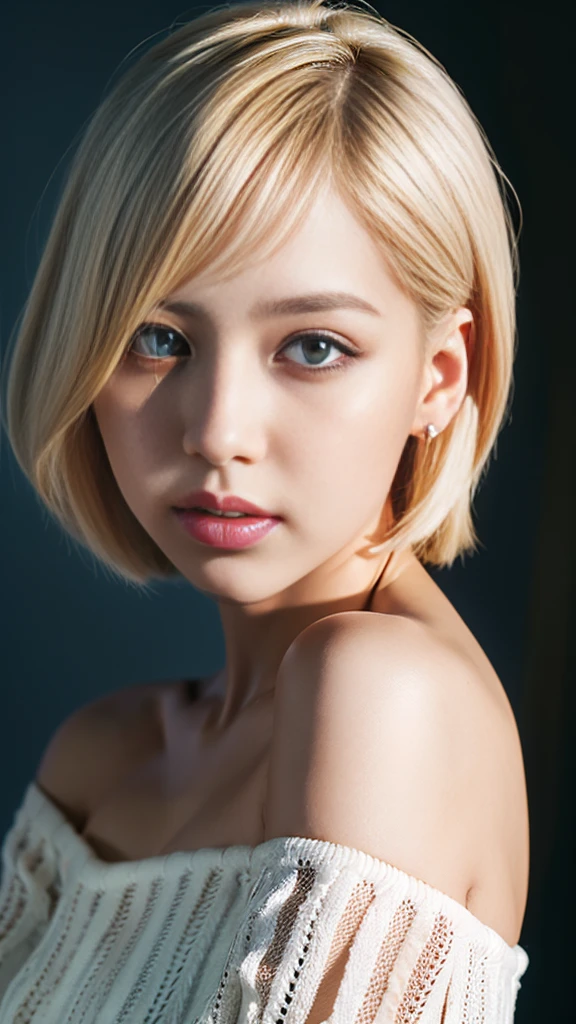 ((Bust-up photo:1.6))、((Like an ID photo:1.4))、((Apply beautiful makeup:1.6))、((Wearing a see-through negligee when naked:1.6))、((Strapless negligee:1.4))、((No underwear:1.6))、Natural Shading、((Moist eyes:1.3))、(K-Pop Idols)、Calm and goddess-like happiness、Look at the viewer with your whole body、((Slightly parted lips:1.3))、Natural Shading、((((Beautiful bob-cut gray hair))))、((Blonde Japanese Woman)))、(Short bob blonde:1.5)、masterpiece, Highest quality, 8k, Absurd, (Upper body:1.4), Beautiful girls, Beautiful face, Looking at the audience, Laughter, Surreal, High resolution, picture, Film Grain, chromatic aberration, Sharp focus, High resolution, フェイスLight, Dynamic Lighting, Light, Professional Shadow, Simple Background, (Dull grey background:1.4), Highest detail, Very detailed, Ultra-detailed, In detail, Real Skin, Delicate facial features, Detailed face and eyes, Sharp pupils、live action idol