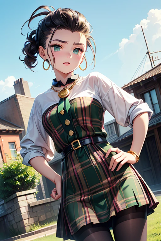 Girl posing for a photo, animeのcute***, ((One Girl)), ((Baby Face:1.3)) + ((cute:1.3)), 
BREAK 

((red and green plaid dress:1.5) : (Gold buttons on the front:1.2) + (Frills:1.1) + (Blue ribbon tie:1.1) + (White blouse:1.2)), (Low denier sheer black pantyhose:1.4), (Dark brown loafers), 
((Red earrings)), ((Gold Necklace)), ((fancy gold bracelet)), 
BREAK 

((Black Hair:1.2)), ((slicked back hair:1.5)), ((Long Hair) : Curly Hair + Fuller Hair + (Bedhead:1.2)), 
(Eyes with drooping corners of the eyes:1.4), (Big eyes:1.4), (blue eyes), 
((Small breasts:1.0)), 
(Tanned dark skin), (boyish), 
BREAK 

((noon, Park promenade, blue sky)), 
((Surprised expression + With eyes wide open)), 
((Hands on hips、Stand with your feet shoulder-width apart、Confident pose looking forward)), 
((Angle from the front)), ((Character Focus)), ((Cowboy Shot)), 
BREAK 

(Slim figure), (Symmetrical facial features), 
(Detailed Hair), (Beautiful Hair), (Shiny Hair), 
(double eyelid), (Long eyelashes), (Thin eyebrows:0.5), 
(Shiny eyes), (Detailed eyes), (Beautiful Eyes), (Delicate eyes), (Perfect Eyes), (Sparkling eyes), (Eye Reflexes), (Glitter Eyeliner), 
(Human Ear), 
(Beautiful Nose), (Thin Nose), 
(Glossy Lips), (Beautiful Lips), (Thick lips), 
(Shiny skin), (Detailed skin), (Fine skin), (Beautiful Skin), (Oily skin), 
BREAK 

(((Highest quality)), ((masterpiece:1.3)), ((Very detailed))), ((Ultra-high resolution)), ((16K)), ((1080P)), ((Full HD)), 
(Anatomically correct), ((Realistic)), (3DCG), ((Oil painting)), 
((comics, anime)), (CG illustration), (RAW Photos), 
