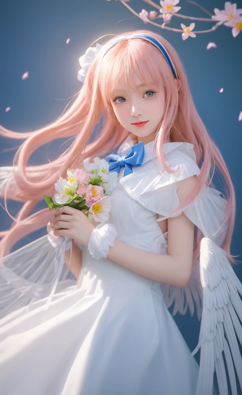 <lora:misonomika:1>realistic BREAK
misonomika, thst, 1girl, solo, 16yo, (halo:1.2), white dress, wrist scrunchie, white wings, single hair bun, large breasts,yellow eyes, pink hair, long hair, white pantyhose, hair ornament, white capelet, blue bow, bangs, , smile, BREAK dynamic pose, dutch angle