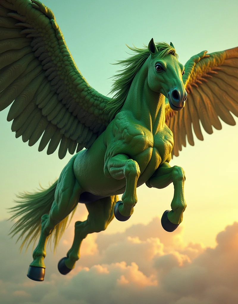 a hybrid creature, 1 part Hulk, 1 part horse,horse is looking like Hulk, horse wearing green Hulk suit, horse wearing green Hulk face mask, flying in the sky with big eagle wings, muscular like hulk (best quality, 4k, highres,masterpiece:1.2),ultra-detailed,(realistic,photorealistic,photo-realistic:1.37),concept art, cinematic day lighting, vibrant colors, epic, futuristic, intricate details