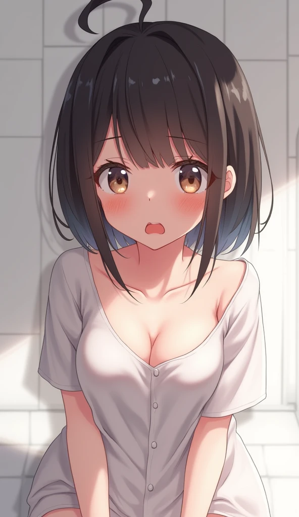 nsfw,One Woman、、Primary schonaked、（Beautiful nipples）、((Small Breasts)),Highest quality、Very delicate and beautiful、((Very short bangs))、((Bangs))、Light shiny brown hair、The hair is light、((Short Bob))、Cute face、Young face、Cute like an idol、Yellow Eyes、Are thin、Slim figure、Short、（Child body type）、((Lots of sweat))、rassed face、Open Mouth、Troubled face、Red face、tears、（Bathroom at home）、Shooting from the side、profile、Mouth open、Drooling、semen、The bottom is sticking out、