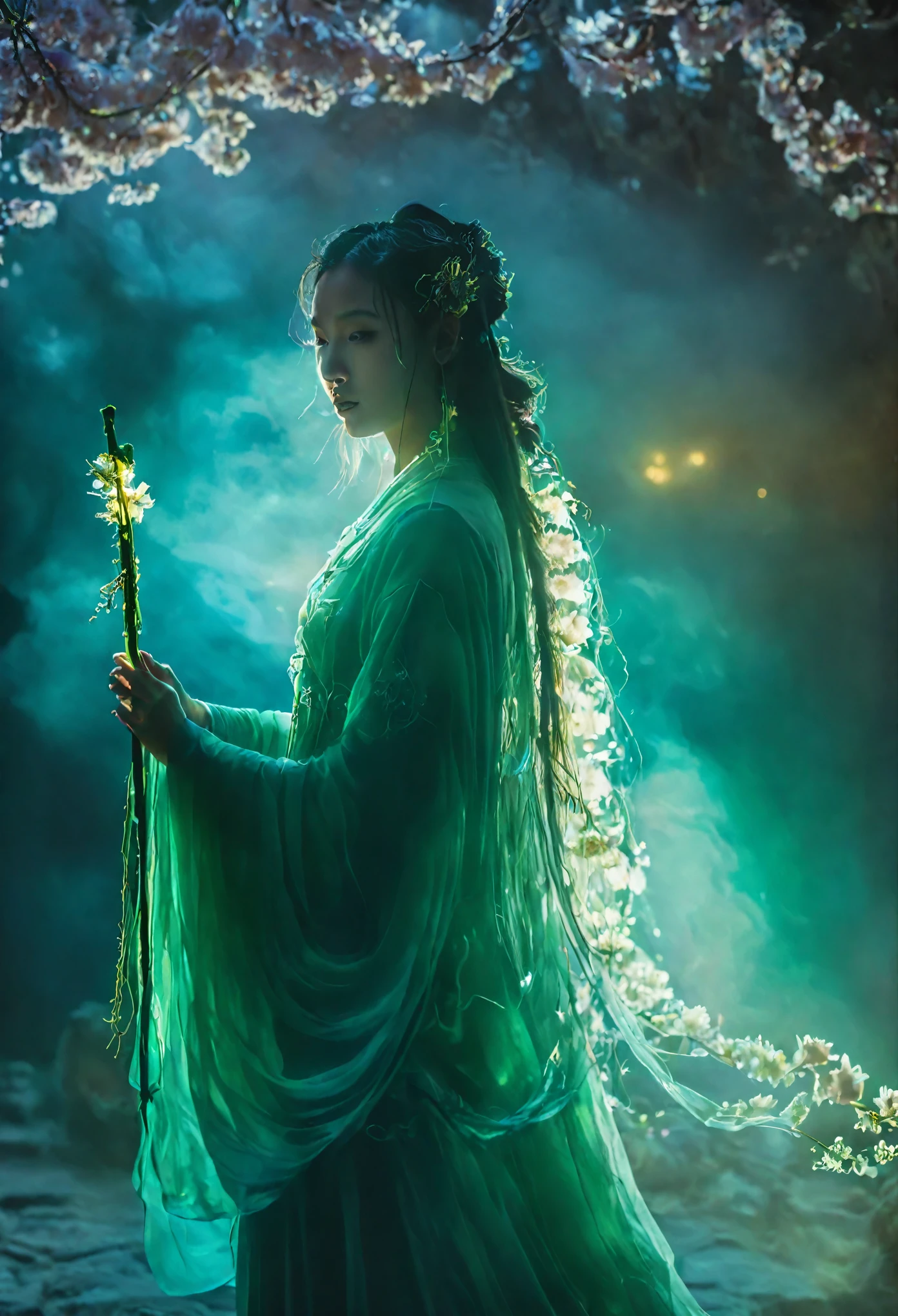 fullbody Photography of female swordmatomically correct,Raw, cinematic shot, (sharp focus:1.5), (photorealistic:1.4), twilight lighting, volumetric lighting, ultra high res, 16K,dramatic lighting, abstract backgrounds:1.5)(zentangle,datura,Tangles,entangled:0.7) , depth of field, Fantastical Atmosphere, The most beautiful form of chaos, ellegance, Dark theme of Fauvist design, Flower of Death, Flowers of ecstasy,Glowing Line,Glow Example,Tracking example,flash, Backlight,translucent,light particles,jade,xianxia
