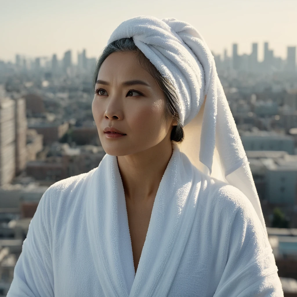 cinematic film still of bright light, bright, a Asian woman with a white towel on her head High-key lighting Style, 1girl, solo,long hair,gray hair, elder, 50 years old, looking at v iewer, city background, wearing a pajamas,city background,bare shoulder s,white hair,lips,makeup,pale skin,realistic,white them e, shallow depth of field, vignette, highly detailed, high budget, bokeh, cinemascope, moody, epic, gorgeous, f ilm grain, grainy