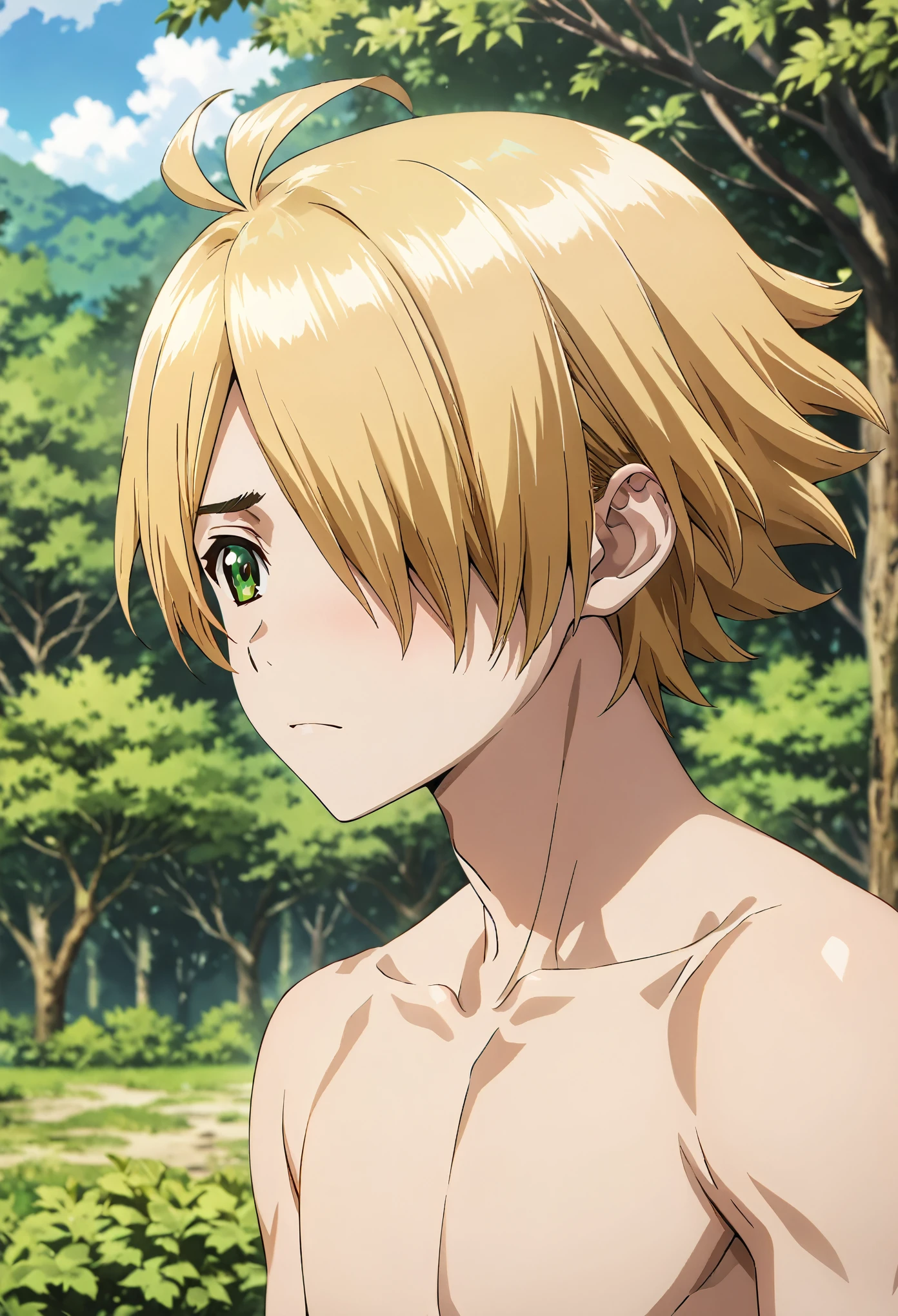 ginrou_dr_stone, blonde hair, green eyes, short hair, hair over one eye, high quality, score_9, score_8_up, score_7_up, amazing quality, best aesthetic, intricate details, masterpiece, best quality, 1male, solo, male_focus, feeling shy, blushing, fully naked, frontal view, outdoors in a forest, sunny day, full body, male genitals, small-size soft penis, handsome, detailed face, eyes and hands without errors, anime style, high detail, unity 8k wallpaper, high resolution, detailed high quality background, pene pequeño, detalle nítido, extremadamente detallado, Intrincado, Alta resolución, standing, legs visible, testicles, flaccid dick, relaxed penis, small penis, penis visible, svelte and slender, young, small genitals visible, small penis, flaccid penis, pene flácido