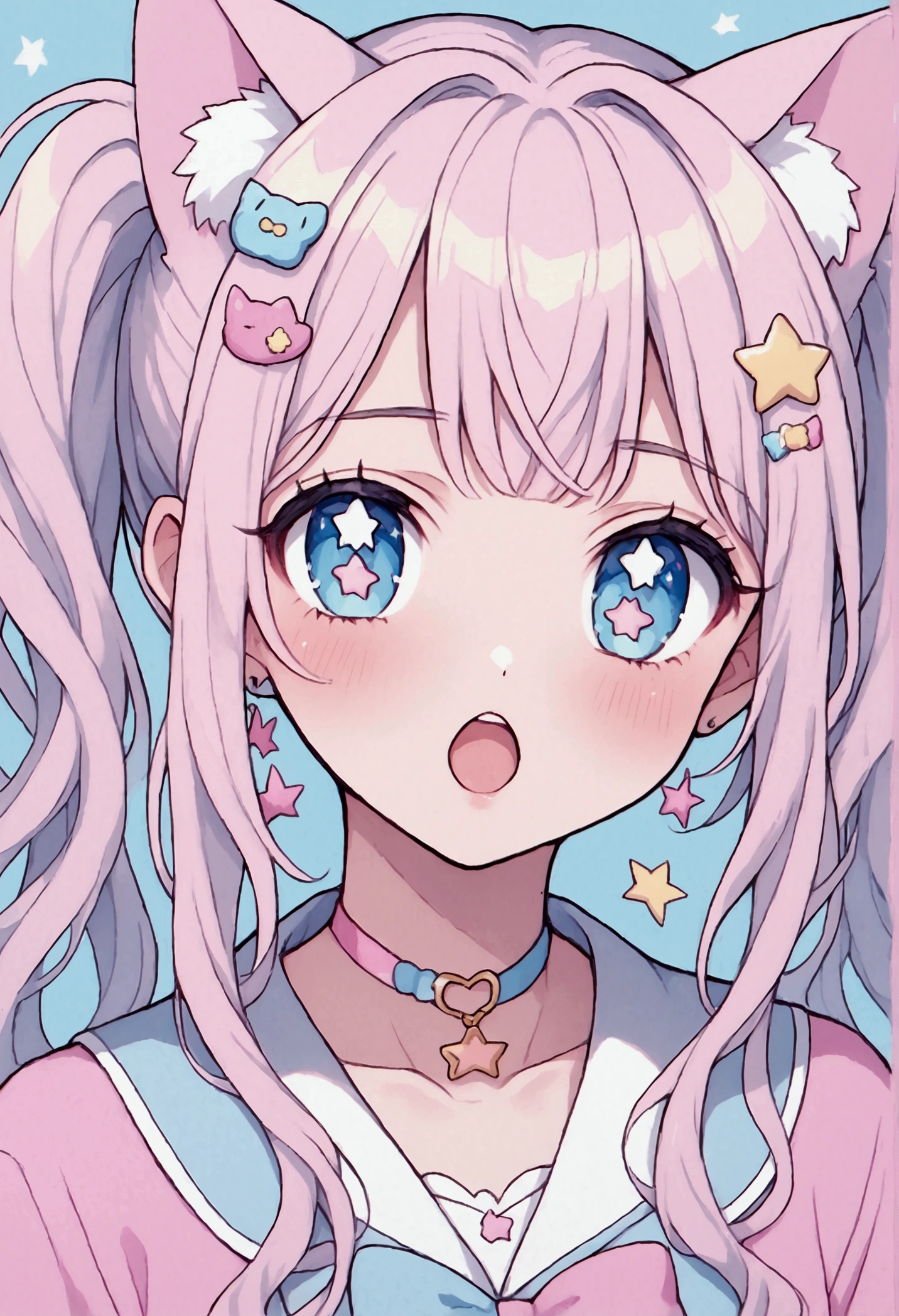 neondskdrmsxl, score_9_superior, score_8_superior, score_7_superior, score_6_superior, One girl, alone, pastel colour, Open your mouth, Cat ear、Long Hair, star , (symbol), star hair ornaments, hair ornaments, Twin tails, View your viewers, blue eyes, pastel neon lighting, sauce_anime, neon, neon theme , 