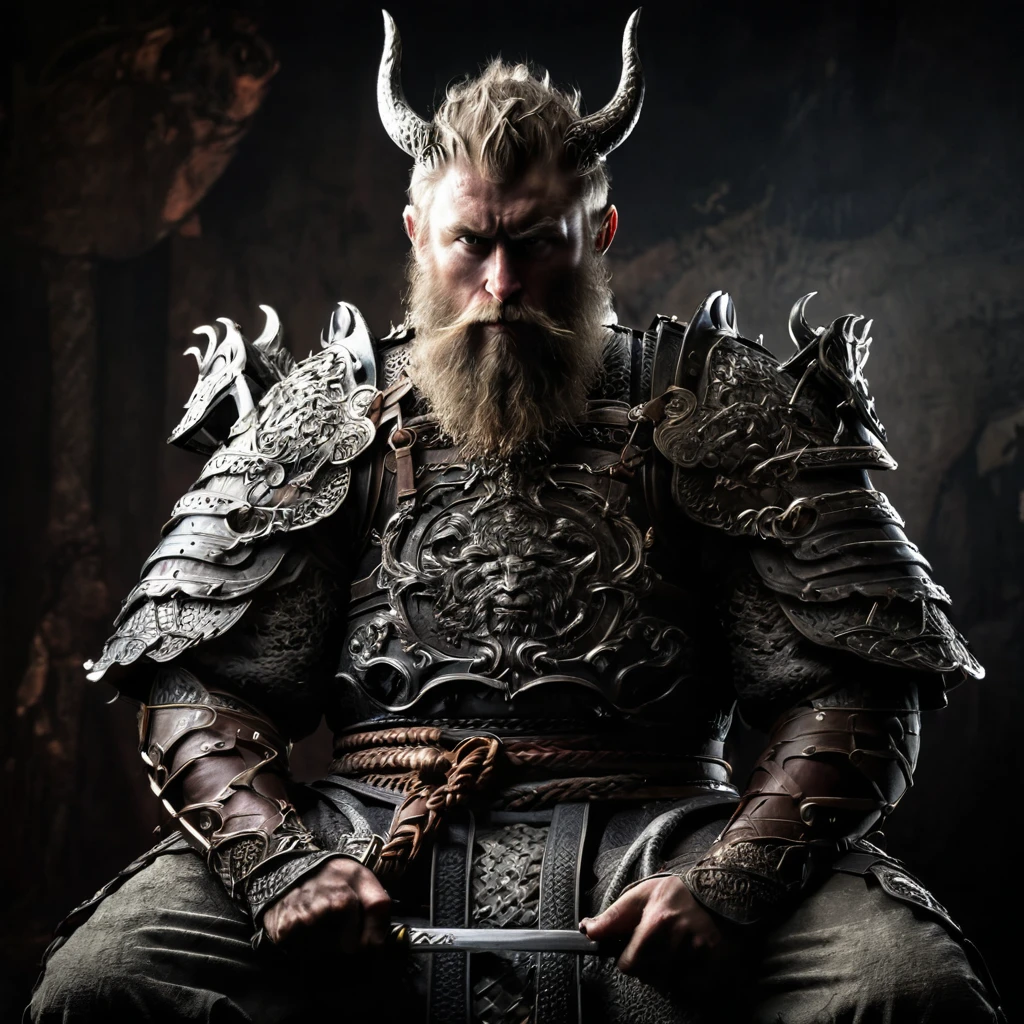 (masterpiece, Best Quality, ultra detailed, best shadow) Viking warrior man seen in profile sitting on a throne with shield and sword resting on the ground