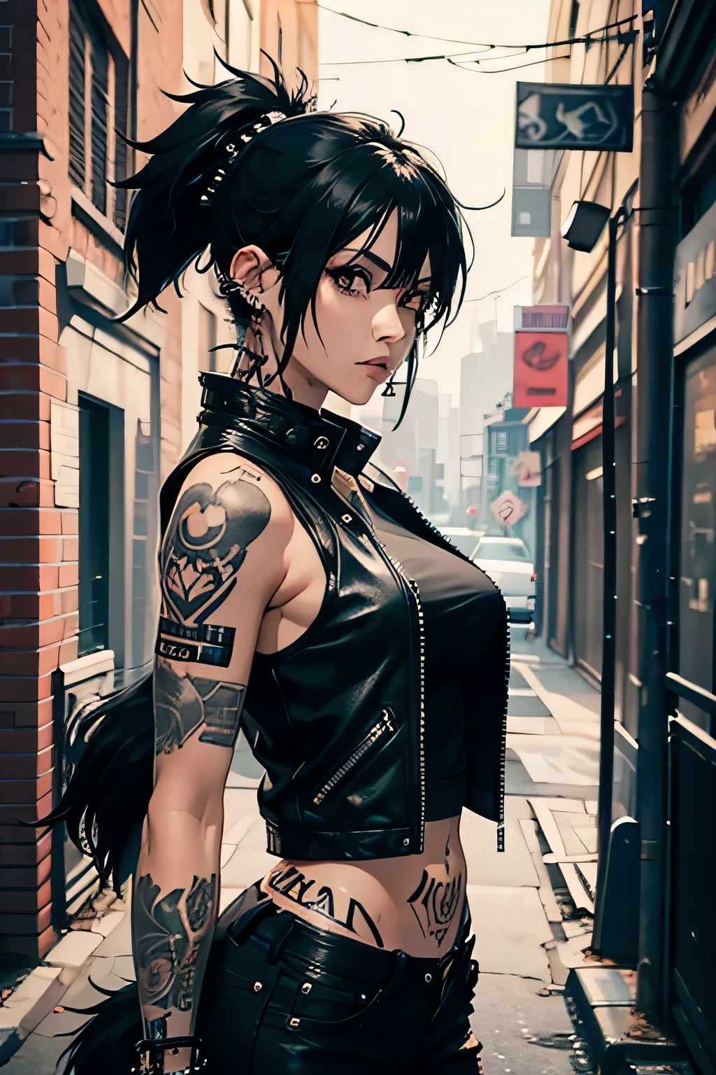 Uma guerreira mulher de 35 anos musculosa quase nua no estilo Simon Bisley para a capa da revista Heavy Metal, roupa vermelho escuro, cabelo moicano colorido, Minimum clothing, Roupas curtas,