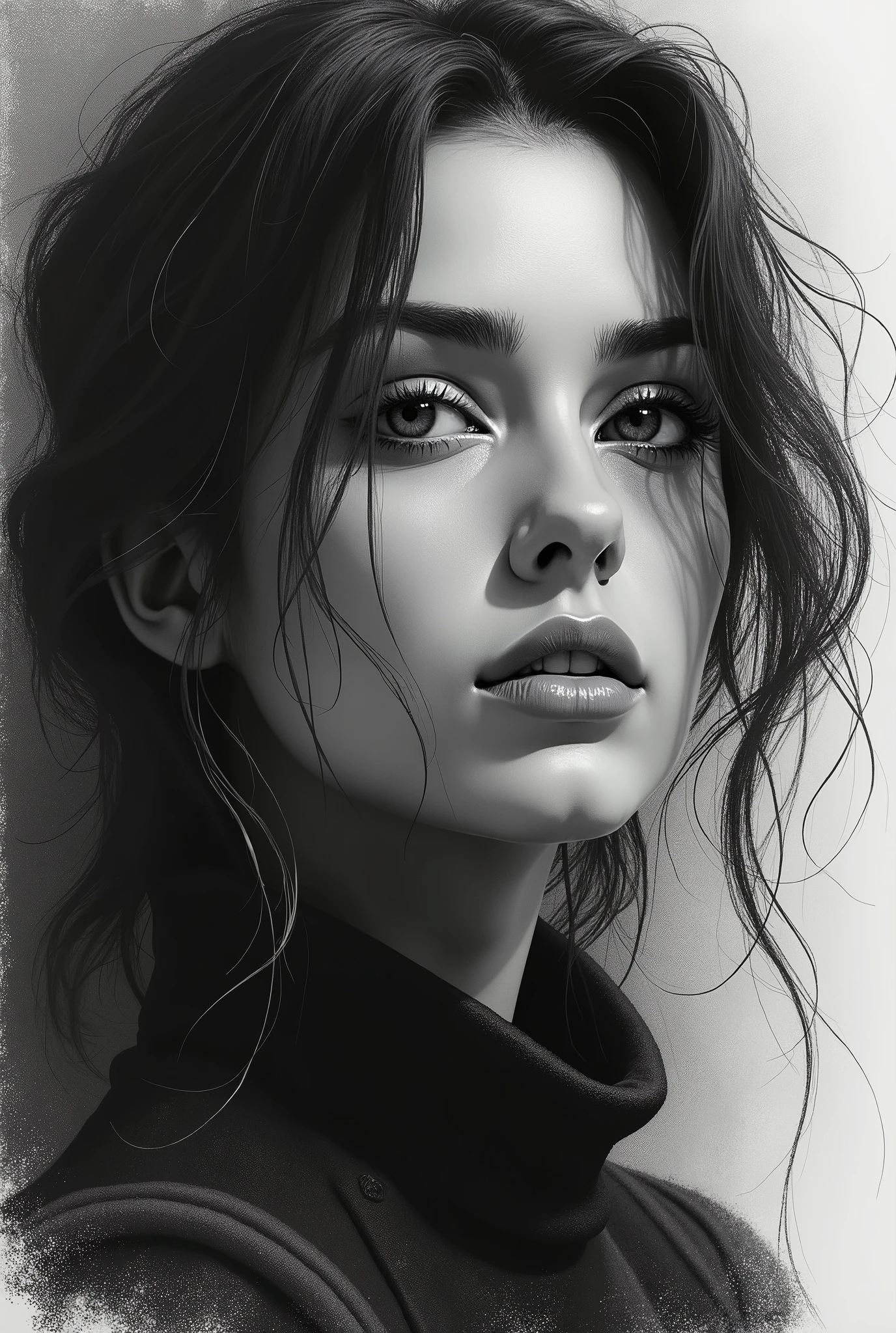 A close up of a woman with a black and white picture - SeaArt AI