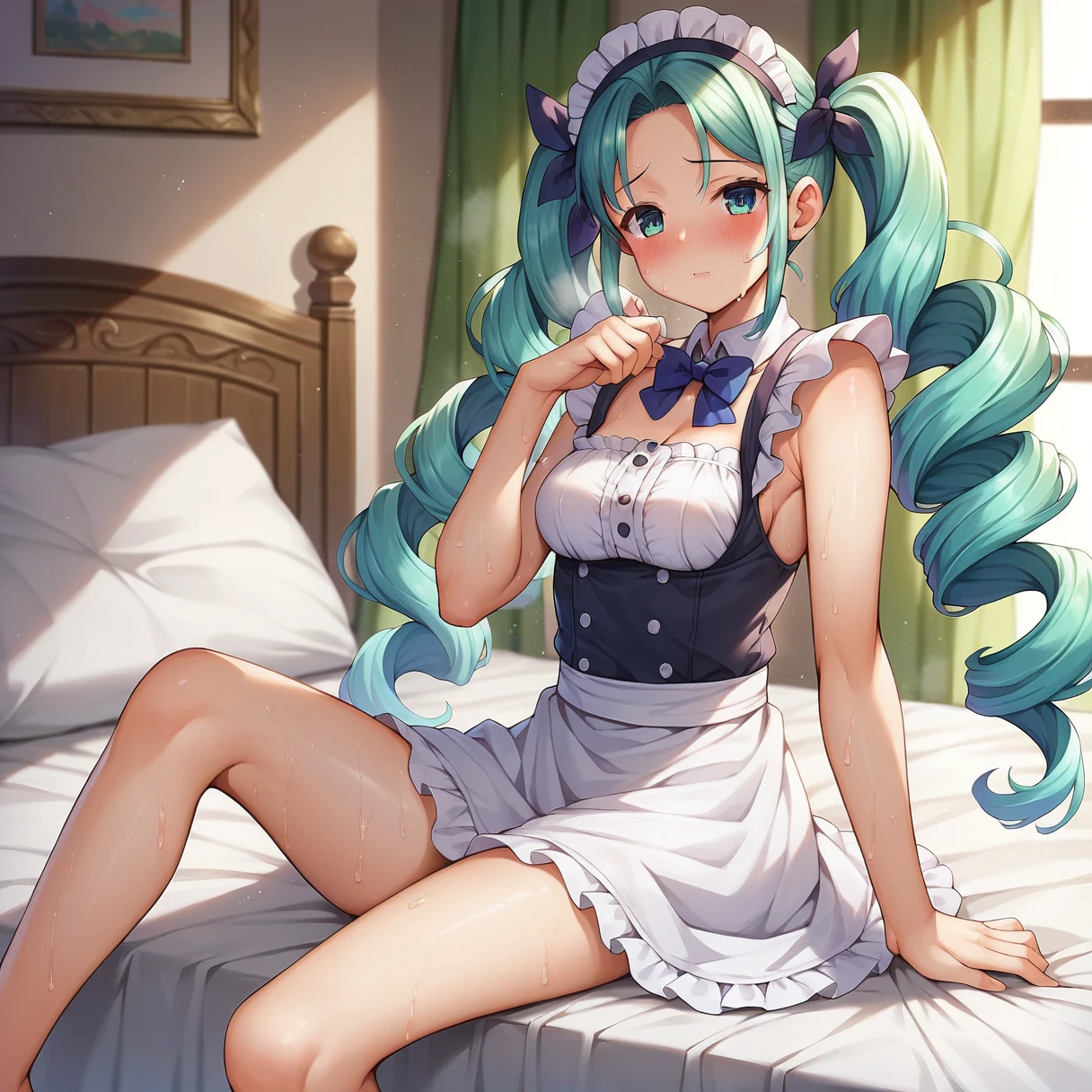 On the bed,Sitting(blush,vapor,Sweat:1.3),Minato Aqua, Twin tails, Drill Hair,Maid&#39;s Headdress, Cleavage, Short sleeve, Blue ribbon, Wrist cuff,Contorting the mouth