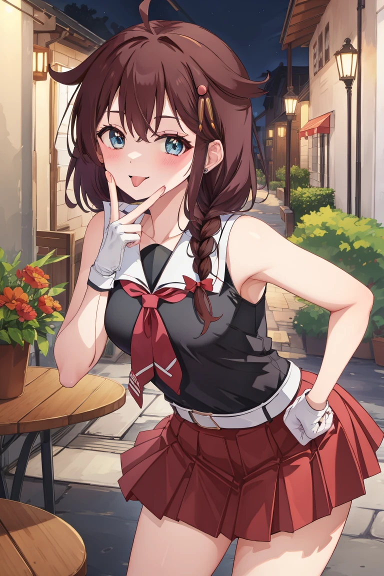 Portrait, official art, best masterpiece, best quality, best resolution, 8K, best detailed, perfect anatomy, nice hands, perfect hands
BREAK
looking at viewe, cowboy shot
BREAK
shigure, ahoge, brown hair, blue eyes, braid, hair ornament, hair over shoulder, long hair, single braid, hair flaps, black gloves, black serafuku, black shirt, black skirt, fingerless gloves, gloves, neckerchief, pleated skirt, red neckerchief, sailor collar, school uniform, serafuku, shirt, skirt, white sailor collar, 1girl, solo, medium breasts
BREAK
(leaning forward:1.2), (hand to own mouth)
BREAK
(happy), smile, open your mouth, (blush, tongue out:1.2), half closed eyes
BREAK
luxurious mansion, living room, (night, midnight, darkness:1.3), very fine and detailed 16KCG wallpapers