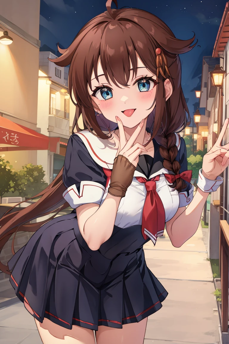 Portrait, official art, best masterpiece, best quality, best resolution, 8K, best detailed, perfect anatomy, nice hands, perfect hands
BREAK
looking at viewe, cowboy shot
BREAK
shigure, ahoge, brown hair, blue eyes, braid, hair ornament, hair over shoulder, long hair, single braid, hair flaps, black gloves, black serafuku, black shirt, black skirt, fingerless gloves, gloves, neckerchief, pleated skirt, red neckerchief, sailor collar, school uniform, serafuku, shirt, skirt, white sailor collar, 1girl, solo, medium breasts
BREAK
(leaning forward:1.2), (hand to own mouth)
BREAK
(happy), smile, open your mouth, (blush, tongue out:1.2), half closed eyes
BREAK
luxurious mansion, living room, (night, midnight, darkness:1.3), very fine and detailed 16KCG wallpapers