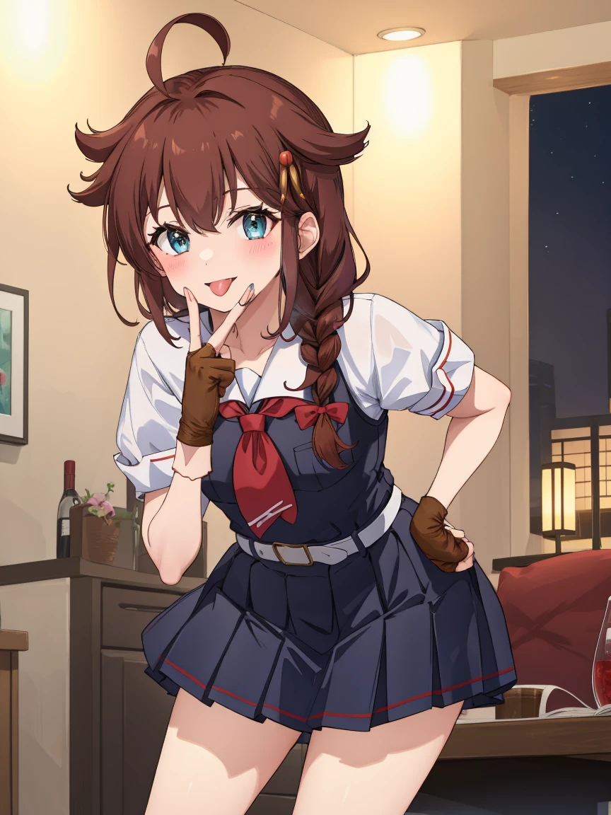 Portrait, official art, best masterpiece, best quality, best resolution, 8K, best detailed, perfect anatomy, nice hands, perfect hands
BREAK
looking at viewe, cowboy shot
BREAK
shigure, ahoge, brown hair, blue eyes, braid, hair ornament, hair over shoulder, long hair, single braid, hair flaps, black gloves, black serafuku, black shirt, black skirt, fingerless gloves, gloves, neckerchief, pleated skirt, red neckerchief, sailor collar, school uniform, serafuku, shirt, skirt, white sailor collar, 1girl, solo, medium breasts
BREAK
(leaning forward:1.2), (hand to own mouth)
BREAK
(happy), smile, open your mouth, (blush, tongue out:1.2), half closed eyes
BREAK
luxurious mansion, living room, (night, midnight, darkness:1.3), very fine and detailed 16KCG wallpapers