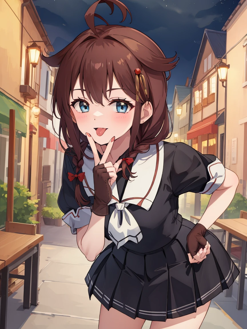 Portrait, official art, best masterpiece, best quality, best resolution, 8K, best detailed, perfect anatomy, nice hands, perfect hands
BREAK
looking at viewe, cowboy shot
BREAK
shigure, ahoge, brown hair, blue eyes, braid, hair ornament, hair over shoulder, long hair, single braid, hair flaps, black gloves, black serafuku, black shirt, black skirt, fingerless gloves, gloves, neckerchief, pleated skirt, red neckerchief, sailor collar, school uniform, serafuku, shirt, skirt, white sailor collar, 1girl, solo, medium breasts
BREAK
(leaning forward:1.2), (hand to own mouth)
BREAK
(happy), smile, open your mouth, (blush, tongue out:1.2), half closed eyes
BREAK
luxurious mansion, living room, (night, midnight, darkness:1.3), very fine and detailed 16KCG wallpapers